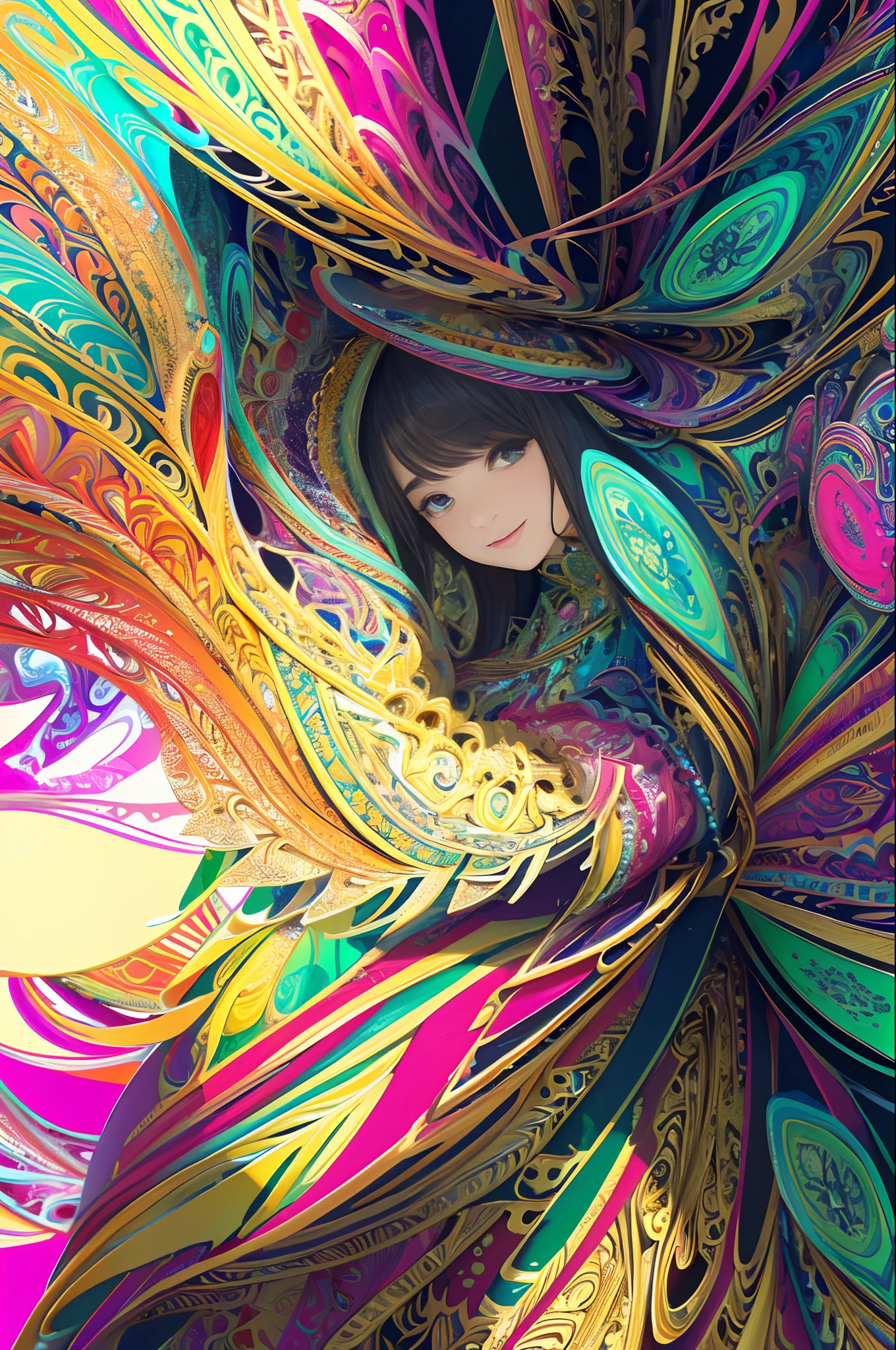 (masterpiece, top quality, best quality, official art, beautiful and aesthetic:1.2), (1girl:1.3), extremely detailed,(fractal art:1.2),colorful,highest detailed,(zentangle:1.2), (dynamic pose), (abstract background:1.5), (treditional dress:1.2), (shiny skin), (many colors:1.4), upper body, smile