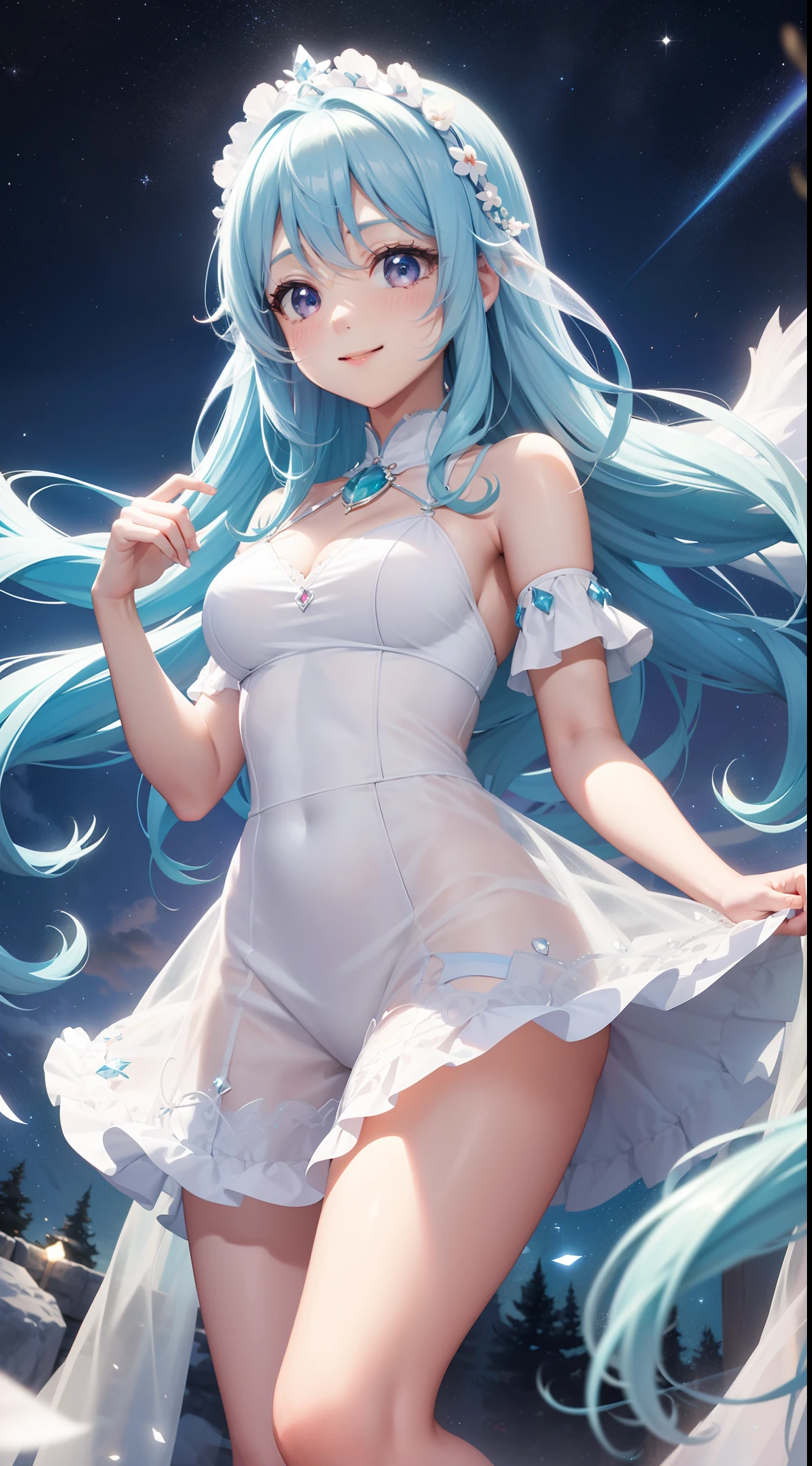 Super Idol a beauty girl A charming smile sky blue hair length hair Twin-tailed Light pink and white see-through outfit Mystical Fantasia constellation a moon Crystal Brilliance Aurora Borealis in the Night Sky