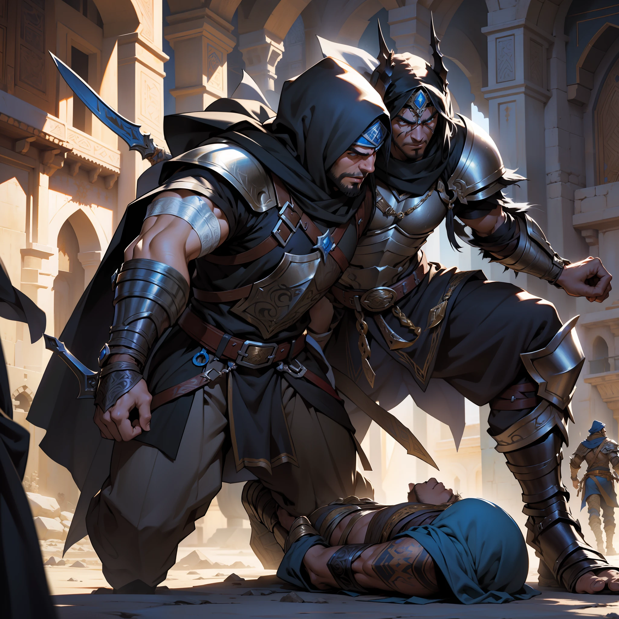 Darksiders style Moroccan warrior ultra detailed muscular warrior wearing Islamic armor carry medieval war battle environment medieval atmosphere moroccans men fight each other10 characters fighting in scene scene legendary epic movie hyper realistic super detailed poses super detailed super detailed poses super detailed correct proportions full proportions Anatomy