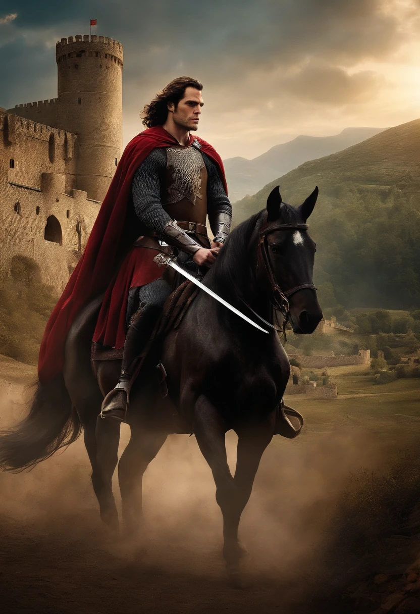 Henry Cavill, as a knight Templar, medieval fort in background, long hair, riding a horse, long sword in hand, a scantily clad beautiful damsel behind him, on battlefield