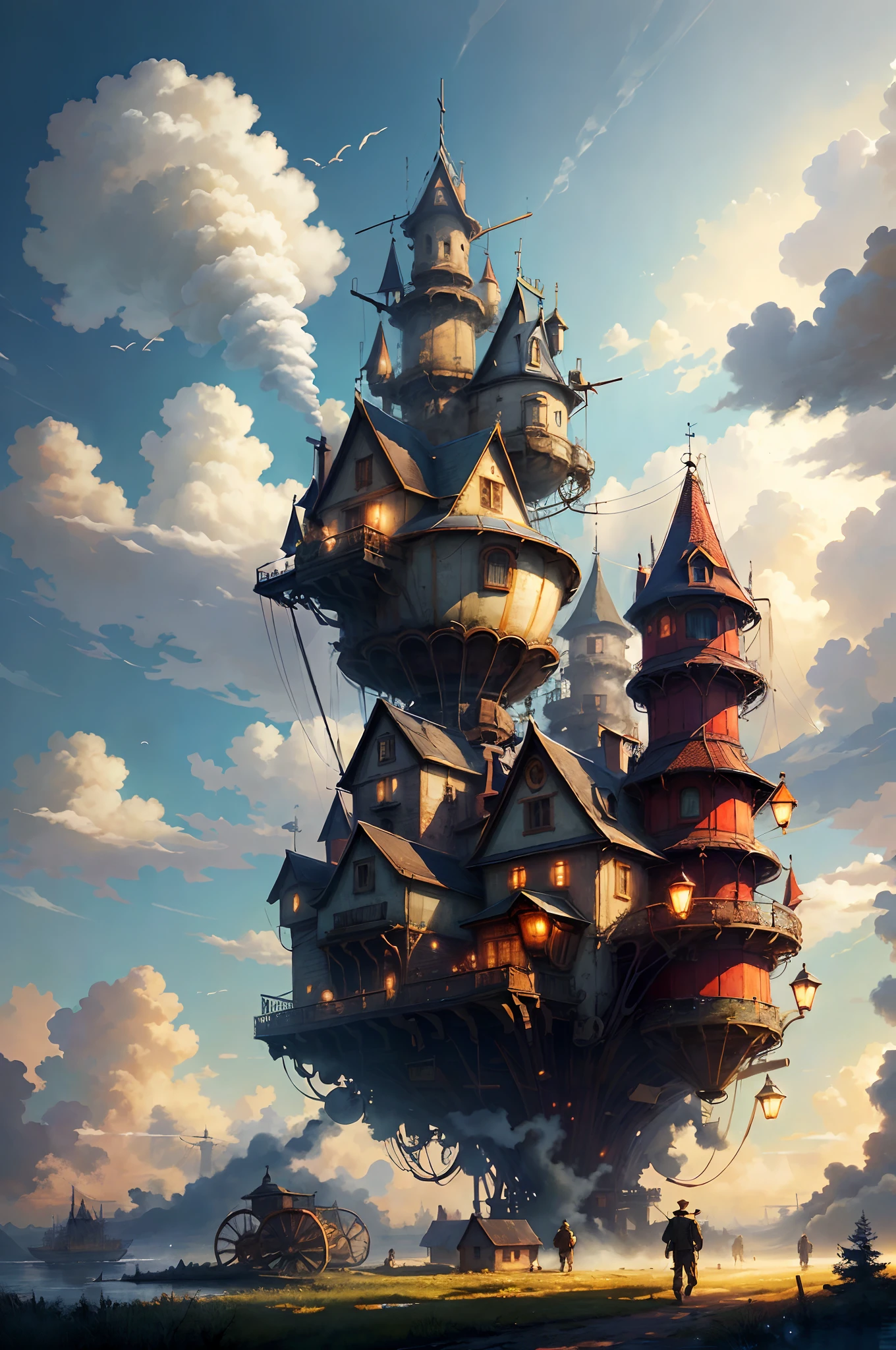 dreamlike art,hoang lap,A high resolution,tmasterpiece,best qualityer,Alois Aneg,Antoine Blanchard,Mobile towns,Steampunk-style mechanical structure,Walking castle,Huge wheels,Giant windmills,Steam airboats,hot air balloon,Huge steam mechanical legs,Complex steam structure machinery,walking through a forest,Skysky,clouds