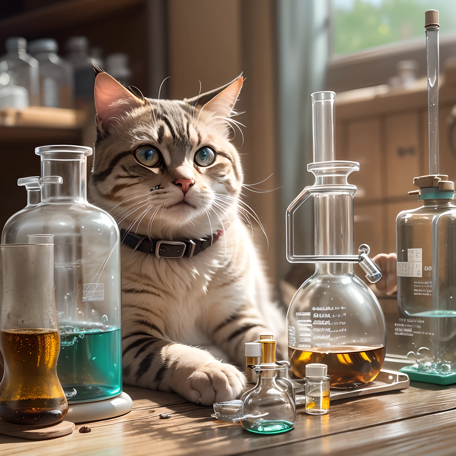 A round-eyed cat holds a round-bottom flask in a chemistry lab, There is a test tube rack on the front, The glass case has medicines, Sunlight outside the window,