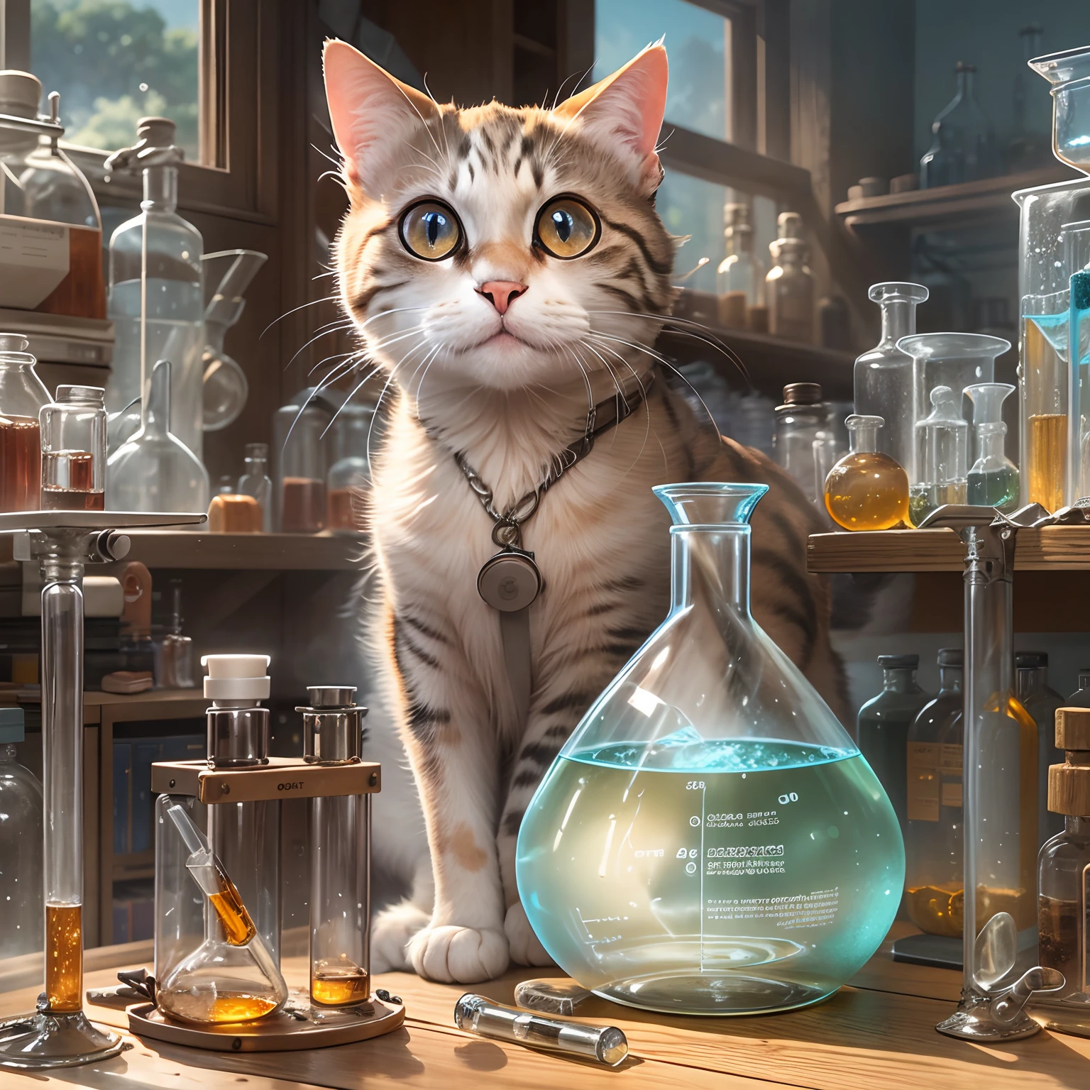 A round-eyed cat holds a round-bottom flask in a chemistry lab, There is a test tube rack on the front, The glass case has medicines, Sunlight outside the window,
