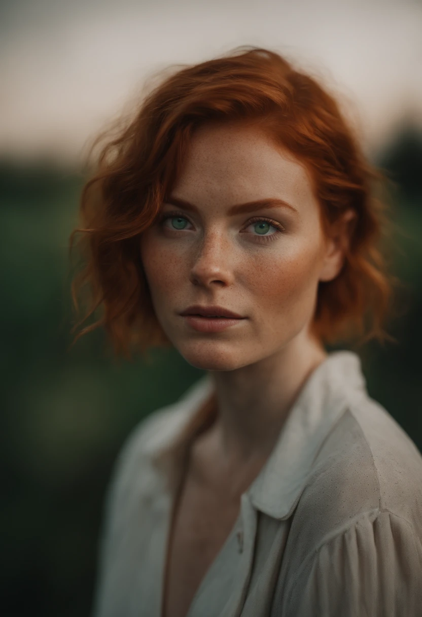 Portrait of a young redheaded female influencer with green eyes and freckles