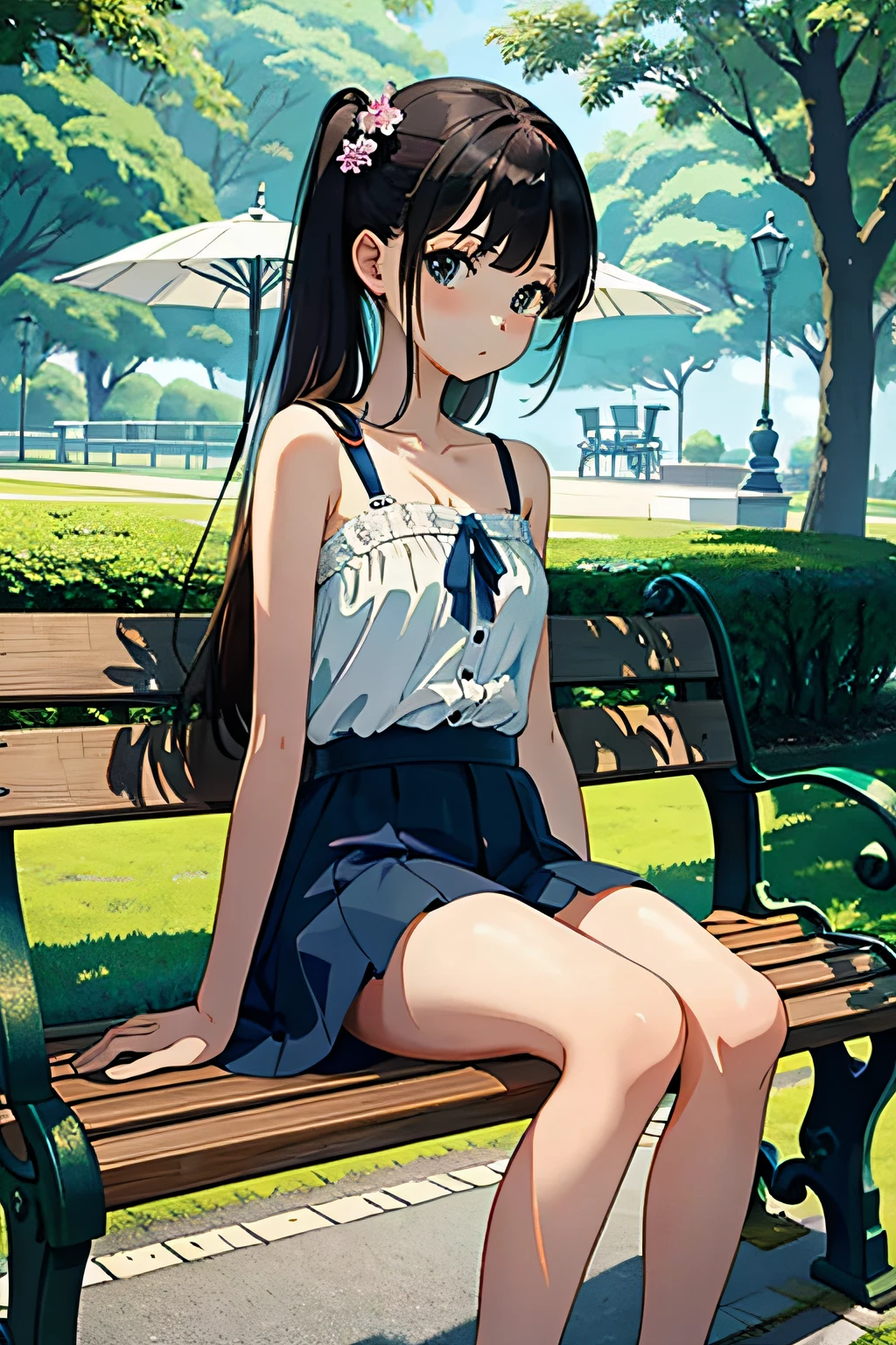 (masterpiece, best quality) detailed, 1girl, solo, pouting, bare shoulders, park, bench, sitting, bottle