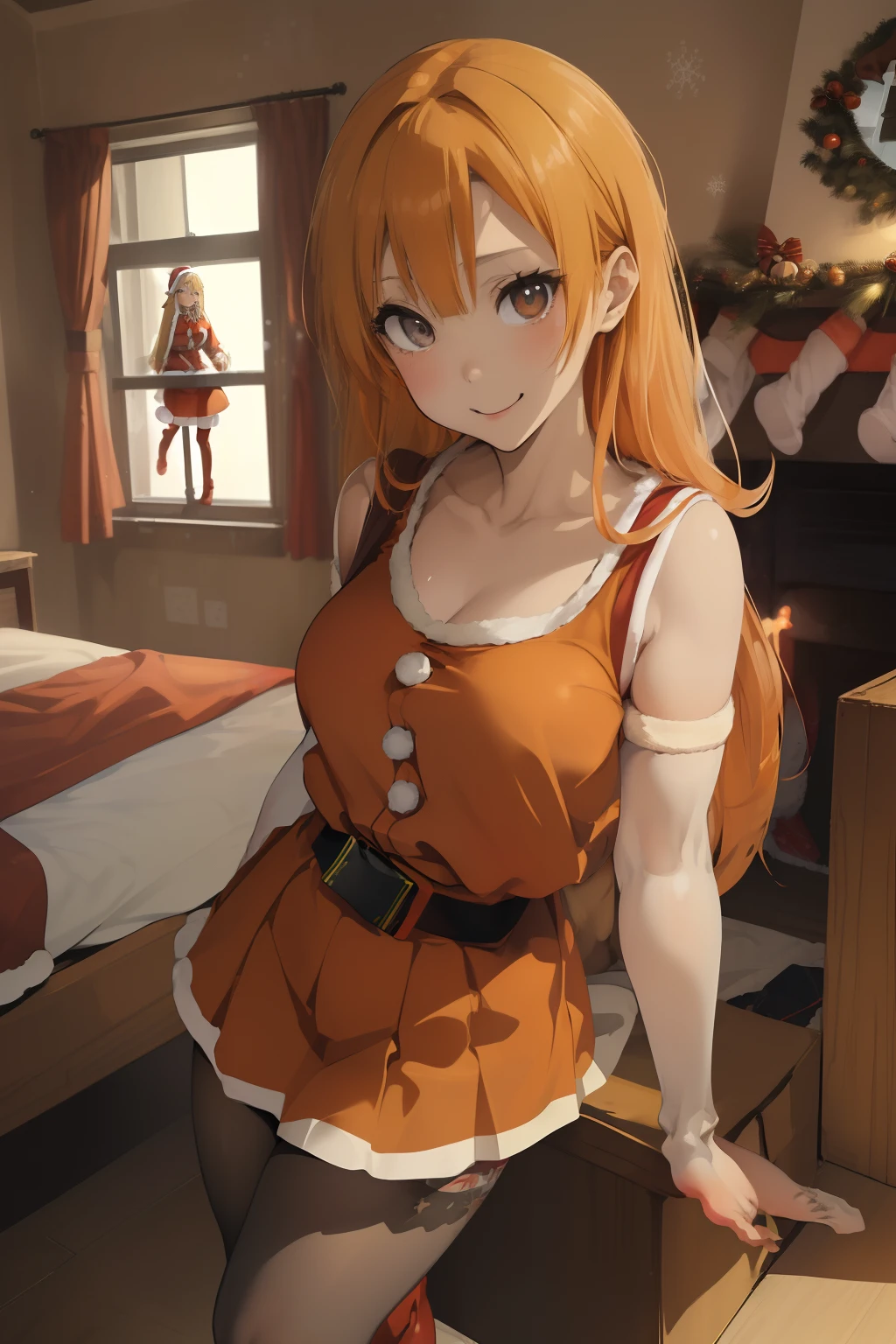 (masterpiece、top-quality、top-quality、Beautifully Aesthetic:1.2)、ighly detailed、highestdetailed、grey eyes、orange color hair|Semi-long blonde hair、((Santa Claus Costume))、(pantyhose)、Matsumoto Rangiku、graffiti art、Look at the viewer、A smile、Bedroom、on the beds、(long boots)、((a miniskirt))、(red clothing)