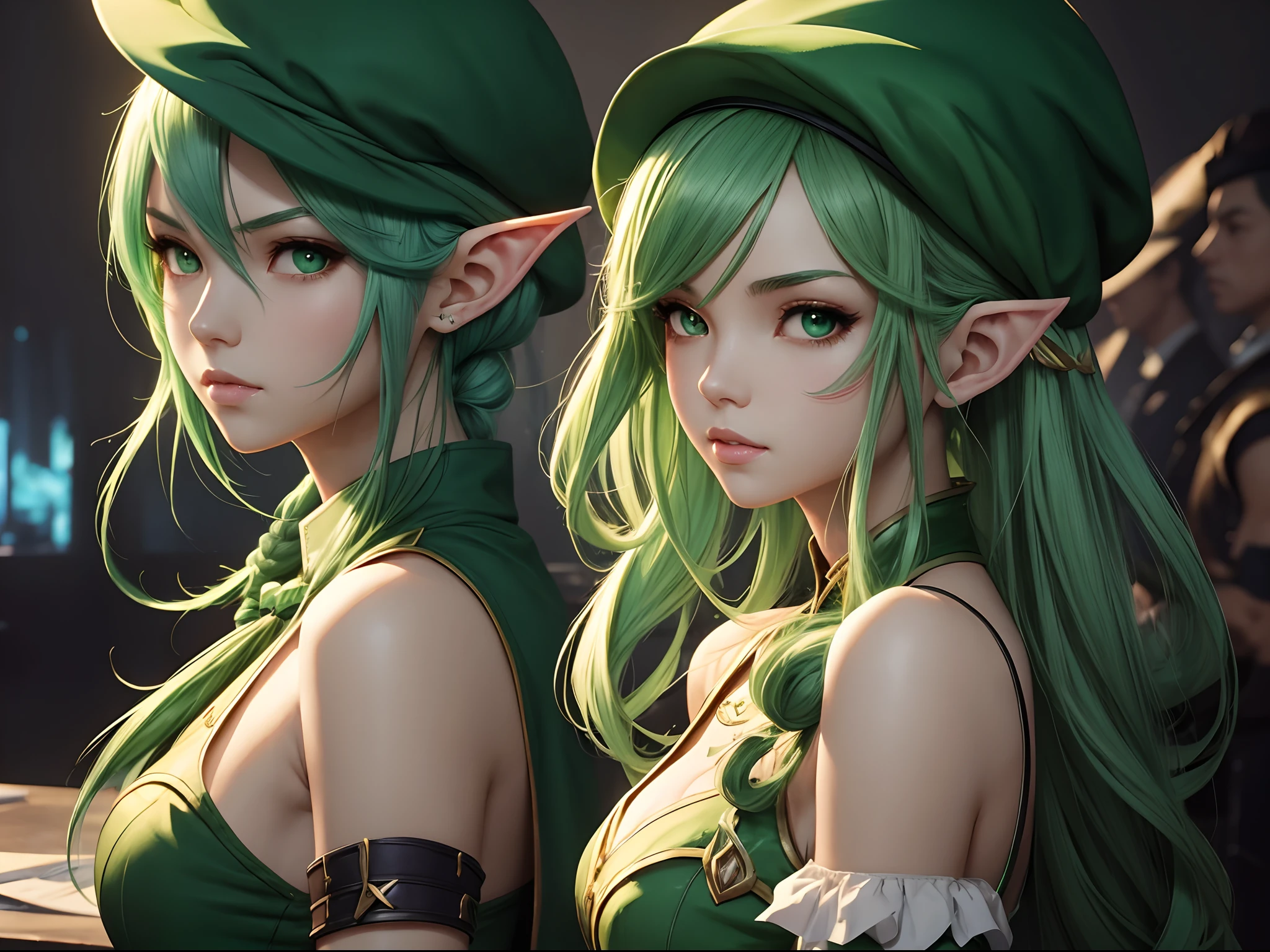 master piece, Girl with green hair and green hat standing in the room, Splash Art, Style Artgerm, Elf Girl, Range Murata and Artgerm, Artgerm Plat, vivy, art-style, style league of legends, Ruan Jia and Artgerm, Artgerm style, ! Dream Artgerm