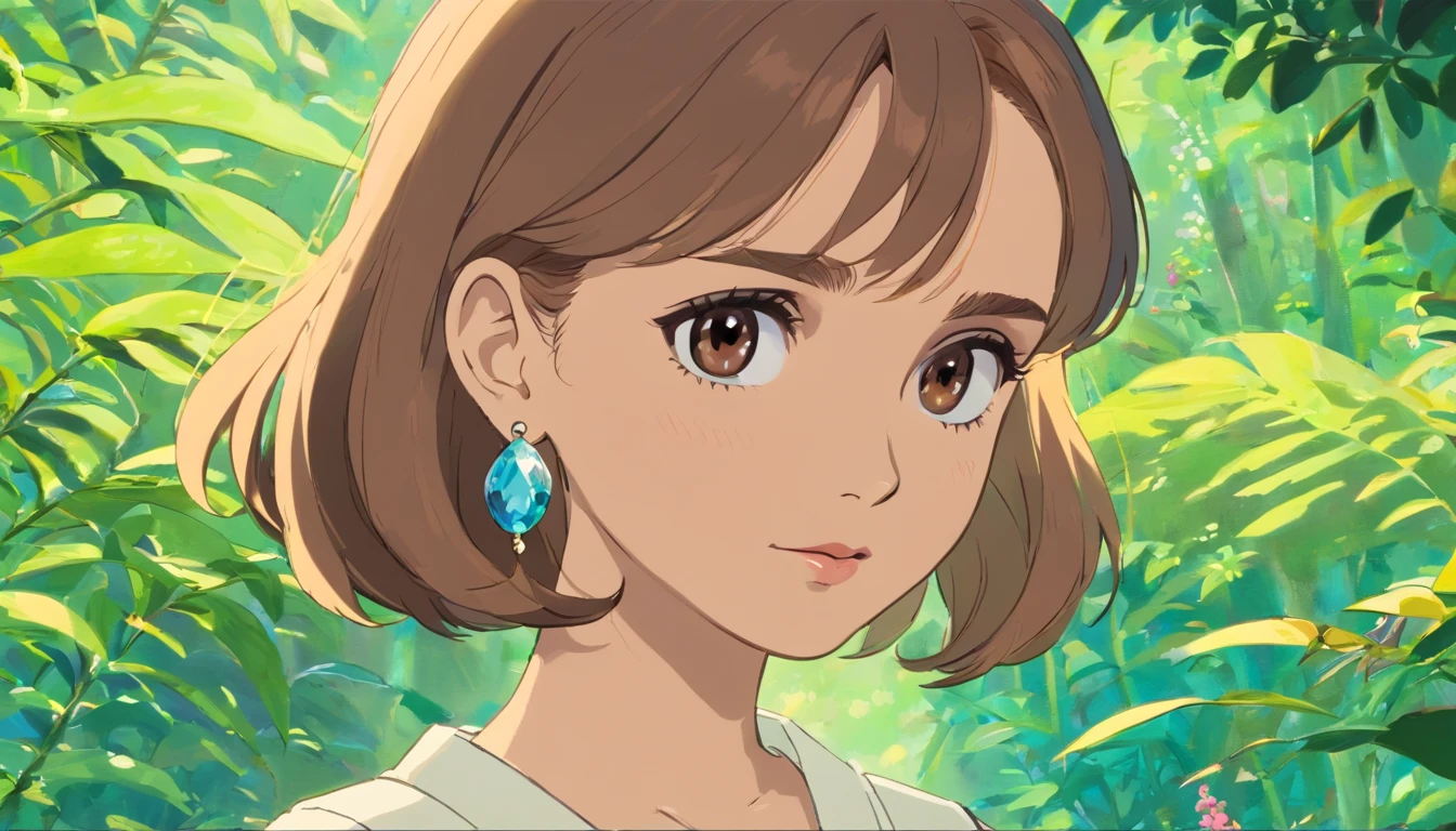 A girl,((Natalie Portman)),Brown eyes, Wear an anime collar, A long necklace and earrings, inthe style of tranquil gardenscapes, colorful animation stills, Masami Teraoka, aquamarine, Paul Gauguin, Amber style, Honest portrayal