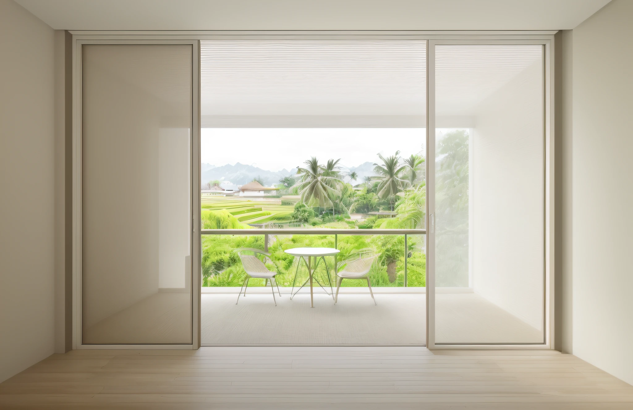 in the morning time,interor room look outside to balcony, a table and to chair in balcony, beautiful rice field landscape outside, flat white ceiling, (masterpiece), high quality image