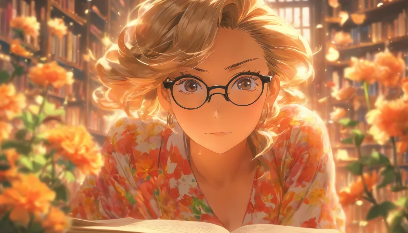 Quality first,masterpiece in detail,Middle-aged woman wearing glasses,sportrait,closeup cleavage,Several students wrote,looking at book,in class room,fresh flowers,Rich in color