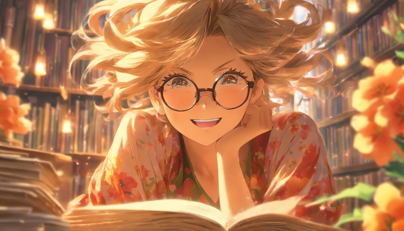 Quality first,masterpiece in detail,Middle-aged woman wearing glasses,sportrait,closeup cleavage,Several students wrote,looking at book,in class room,fresh flowers,Rich in color
