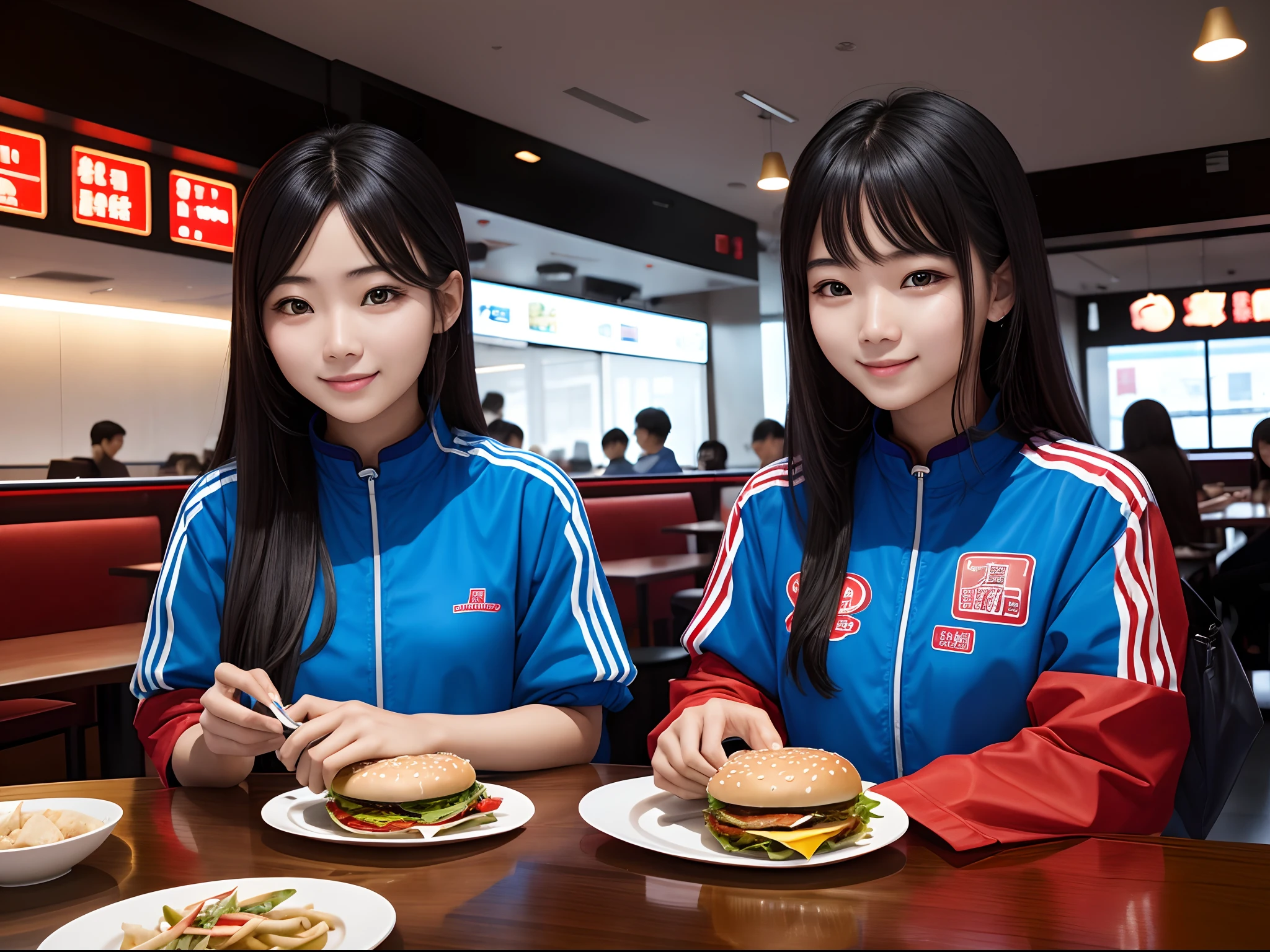 A 22-year-old Chinese girl eats hamburgers at a modern cafeteria,The interior is decorated in blue and red. He was delighted, Looking at the camera. Super detailed, Photo.