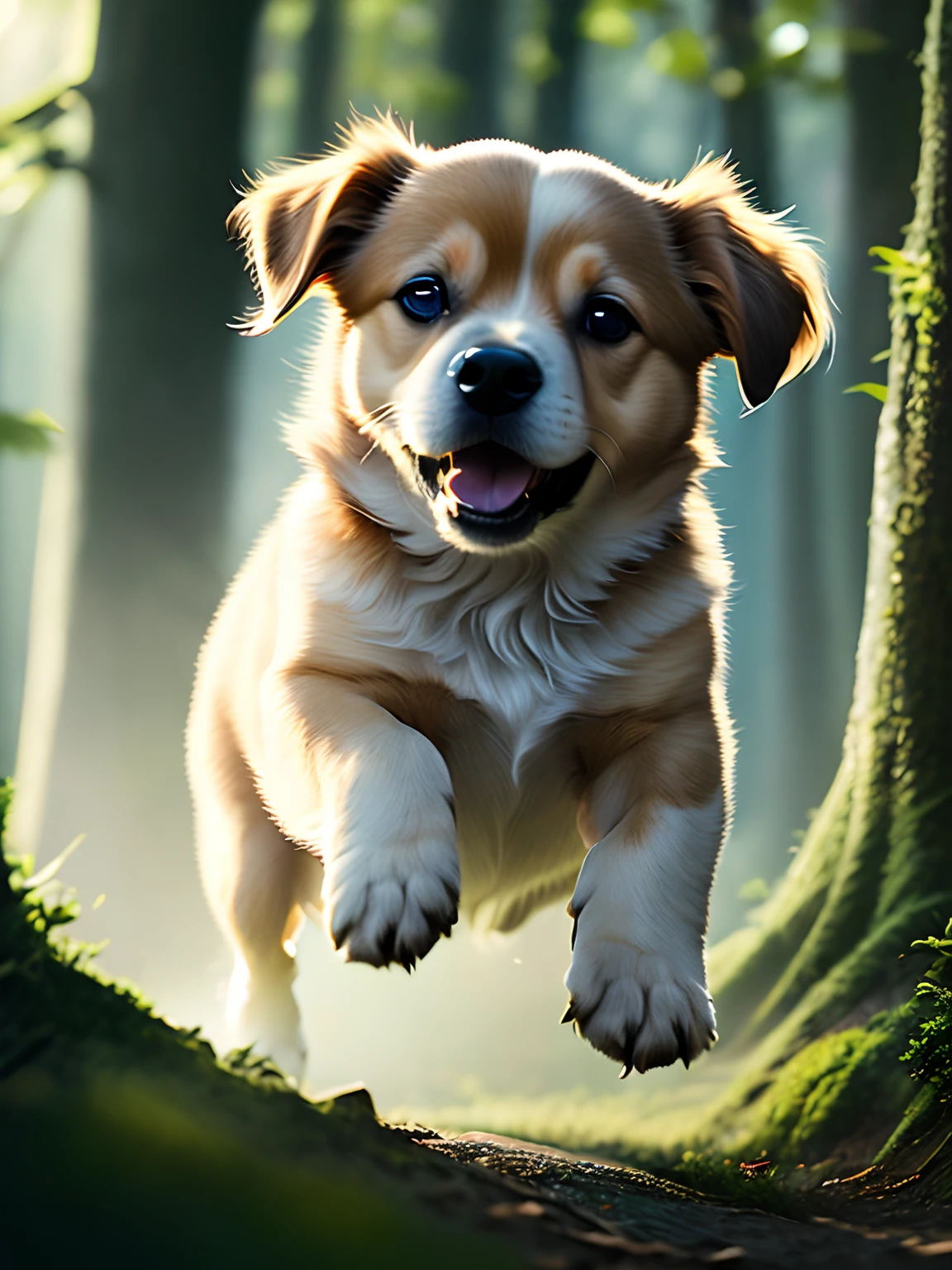 Close-up of a very cute jumping puppy in the forest, soft volumetric light, (backlight: 1.3), (movie: 1.2), intricate details, (ArtStation: 1.3), Rutkowski