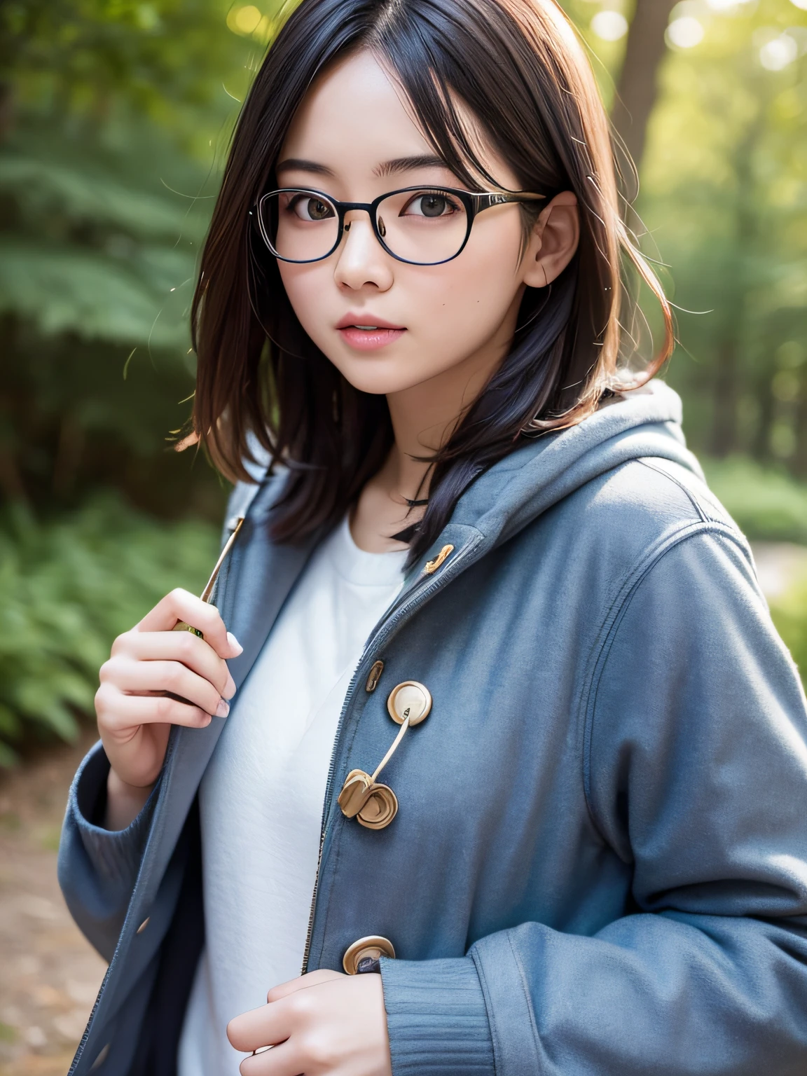 A beautiful Japan girl holds a Sony SLR camera in her hand、A dark-haired、Black eyes、short-hair、Stylish glasses、Wearing a duffel coat、In the deep forest、Sunlight shines through the trees、, closed mouth, first-person view, close-up, f/1.2, 135mm, Sony FE GM, UHD, retina, masterpiece, ccurate, anatomically correct, textured skin, super detail, high details, high quality, award winning, best quality, highres, 1080P, HD, 4K, 8k