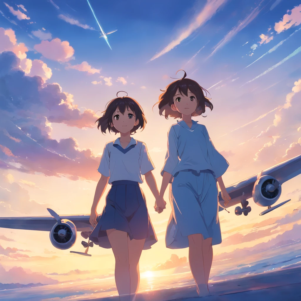 masterpiece、top-quality、Movie stills、2girls、Cloud Girl、Planes、First grade close-up、发光、Happiness、Warm and soft lighting、blue-sky、(Spark:0.7)