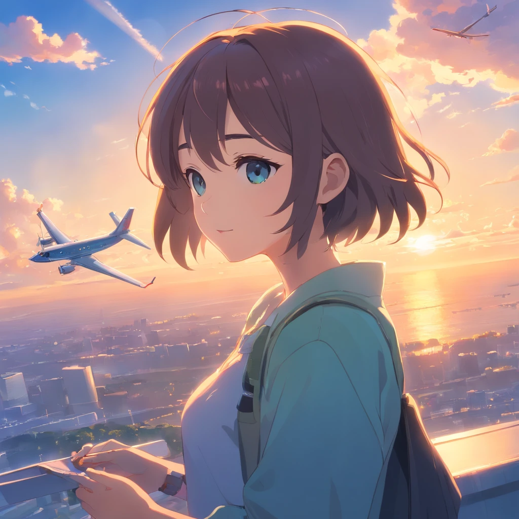 masterpiece、top-quality、Movie stills、2girls、Cloud Girl、Planes、First grade close-up、发光、Happiness、Warm and soft lighting、blue-sky、(Spark:0.7)