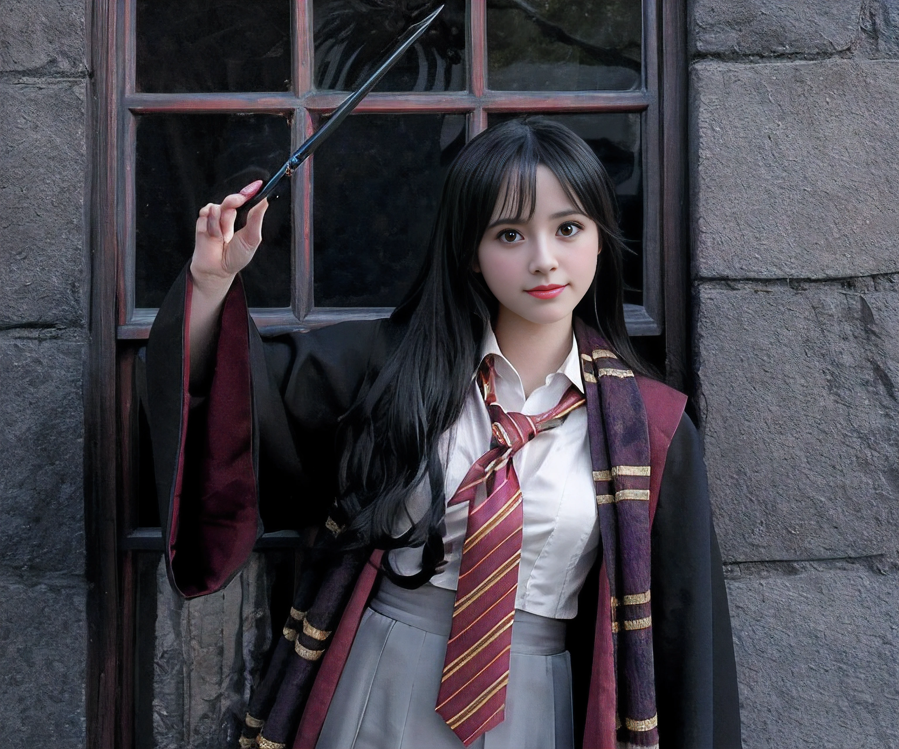There was a woman in a Harry Potter robe holding a wand, holding a wand, cosplay foto, holding wand, a young female wizard, holding wands, Anime girl cosplay, rpgmaker, realistic cosplay, close up portrait shot, holding the elder wand, beautiful female wizard, Portrait shooting, Anime cosplay, professional cosplay, she is holding a long staff