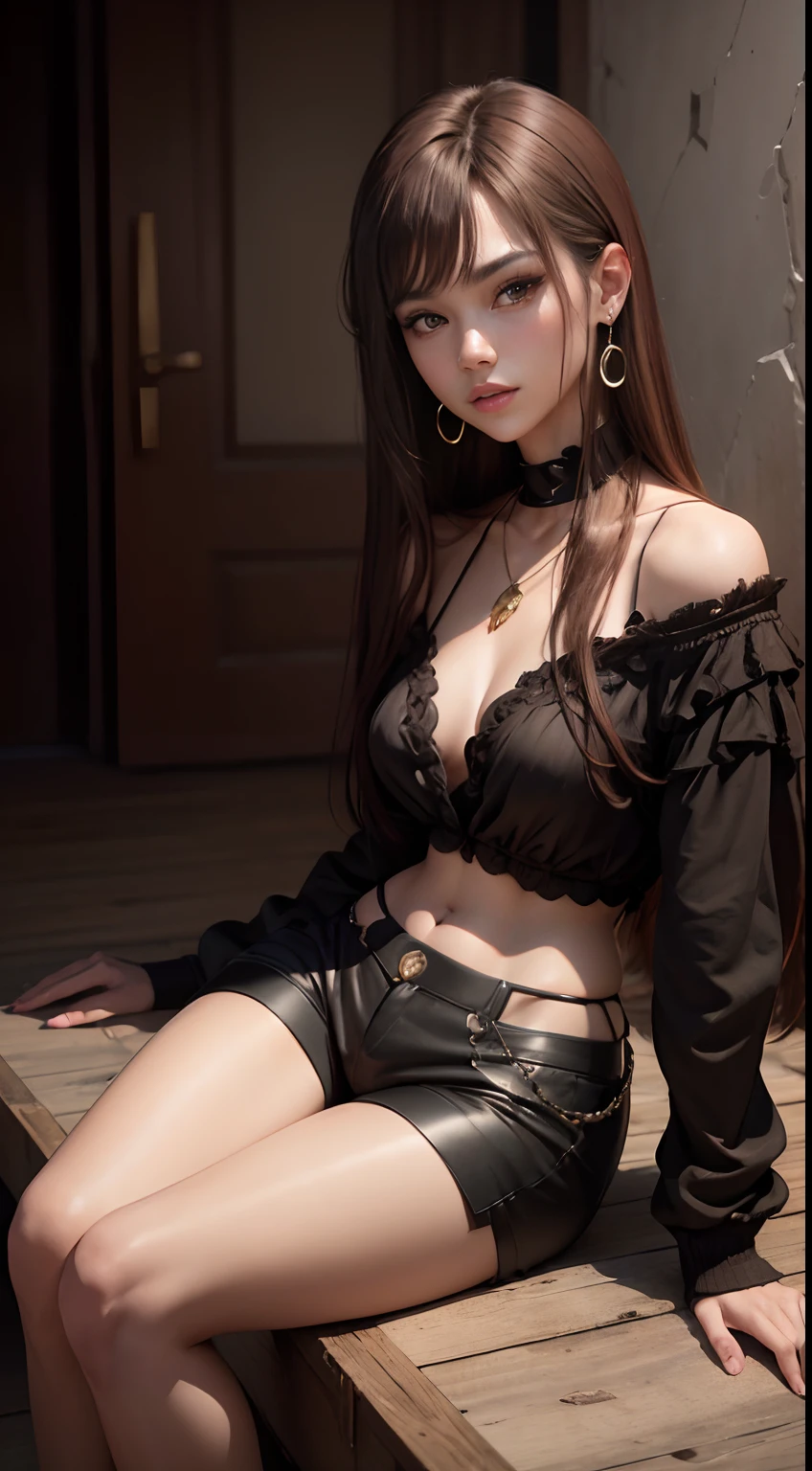 (masterpiece), a stunning photograph of blackpink lisa, full body, 8k, raw photo, looking at viewer, (highly detailed skin:1.2), small breasts, slim body, brown hair, (photorealistic:1.4), black shirt. black shorts, solo, jewelry, earrings, (looking at viewer), long hair, brown eyes, portrait, realistic, smile, makeup, sitting