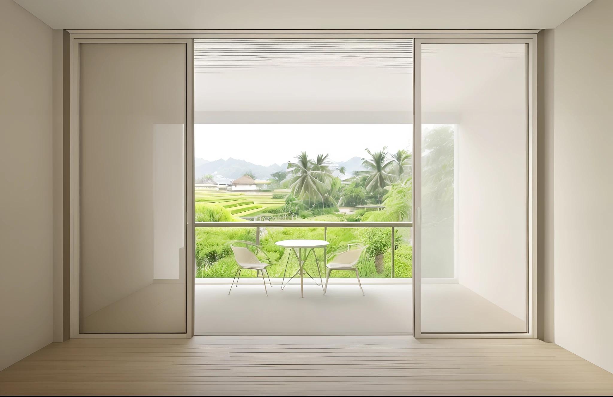 in the morning time,interor room look outside to balcony, a table and to chair in balcony, beautiful rice field landscape outside, flat white ceiling, (masterpiece), high quality image