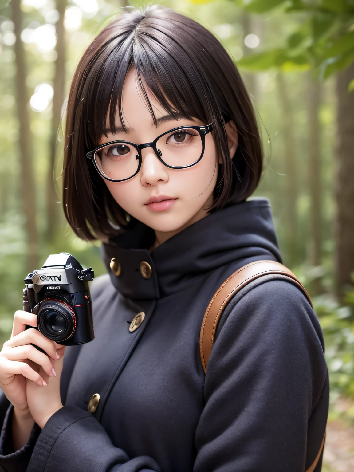 A beautiful Japan girl holds a Sony SLR camera in her hand、A dark-haired、Black eyes、short-hair、Stylish glasses、Wearing a duffel coat、In the deep forest、Sunlight shines through the trees、, closed mouth, first-person view, close-up, f/1.2, 135mm, Sony FE GM, UHD, retina, masterpiece, ccurate, anatomically correct, textured skin, super detail, high details, high quality, award winning, best quality, highres, 1080P, HD, 4K, 8k