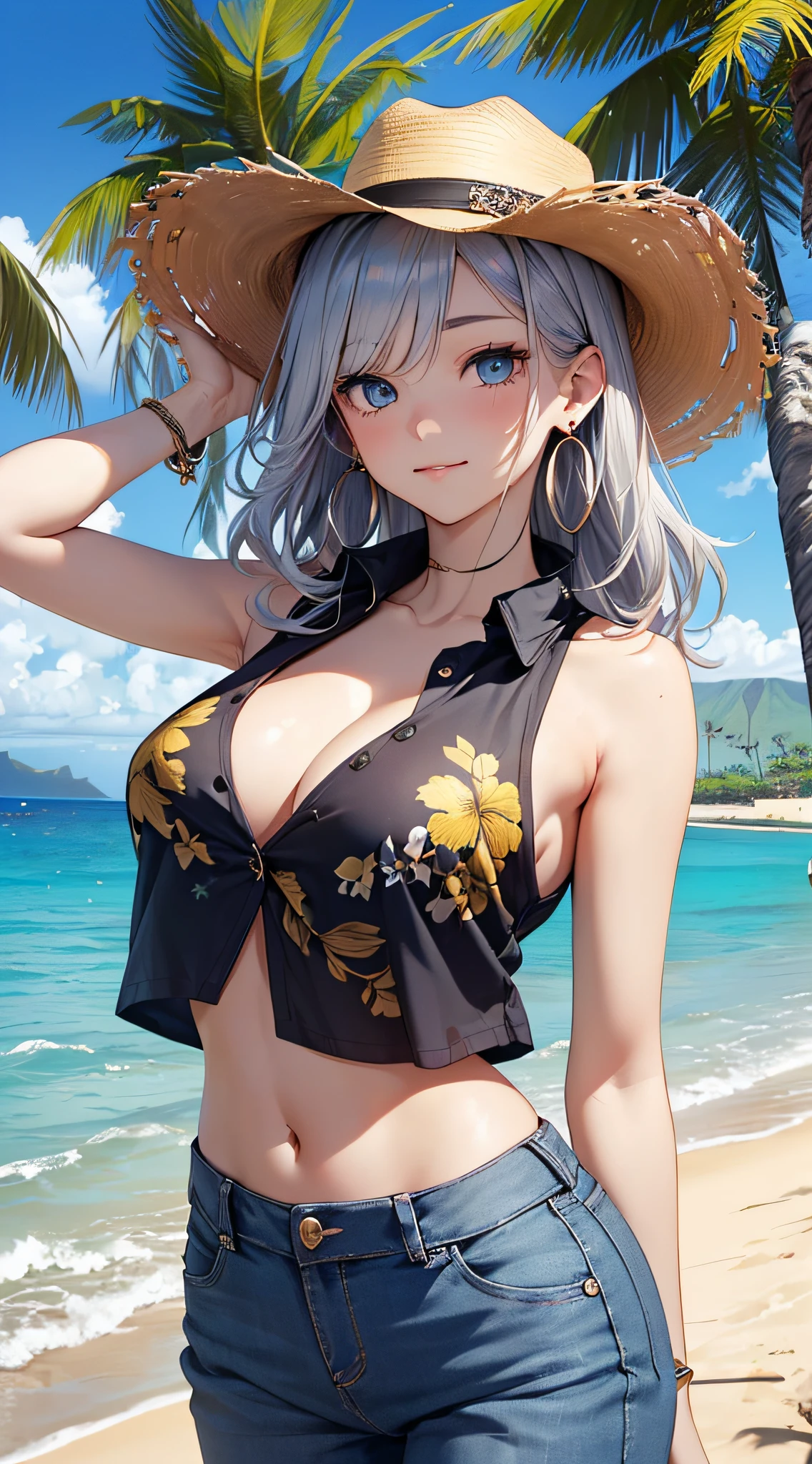 top-quality、Top image quality、​masterpiece、girl with((18year old、 Beautiful Aloha Shirts、White navel tank top、Black vest、Blue long trousers、Best Bust、Bust 85、a blond、Semi-long、Cowboy Hat、Blue eyes、open chest wide、Valley、Happiness、A slender、Shy face、Gold Earrings、Silver keychain at waist......、Seduction poses、Reach out、bending forward)）hiquality、Beautiful Art、Background with((Beautiful sunny beaches in Hawaii))、masutepiece、Elaborate design、visualart