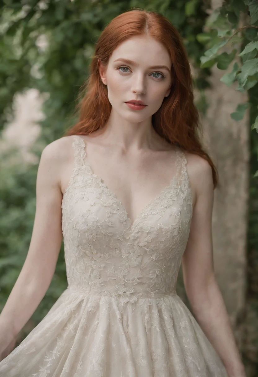 Une jeune femme influenceuse rousse avec des yeux verts et des taches de rousseur. And a very beautiful style of dress in fashion