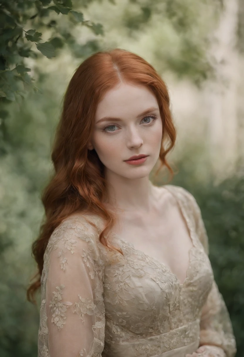 Une jeune femme influenceuse rousse avec des yeux verts et des taches de rousseur. And a very beautiful style of dress in fashion
