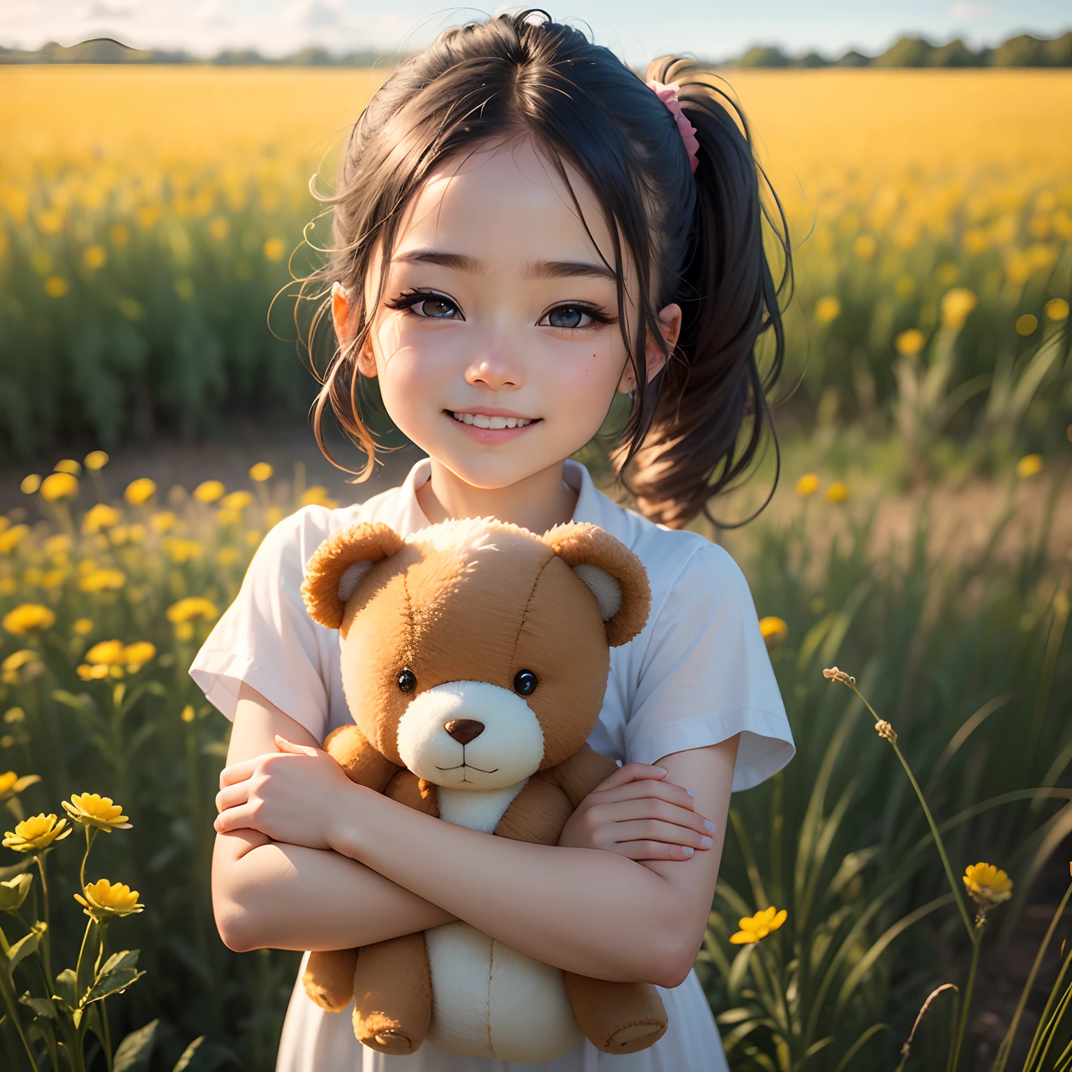 A cute woman (age 20, giga breasts, sheer night gown brightly colored, no underwear) is rolling in a field of flowers at night playing with her teddy bear, sultry poses to viewer