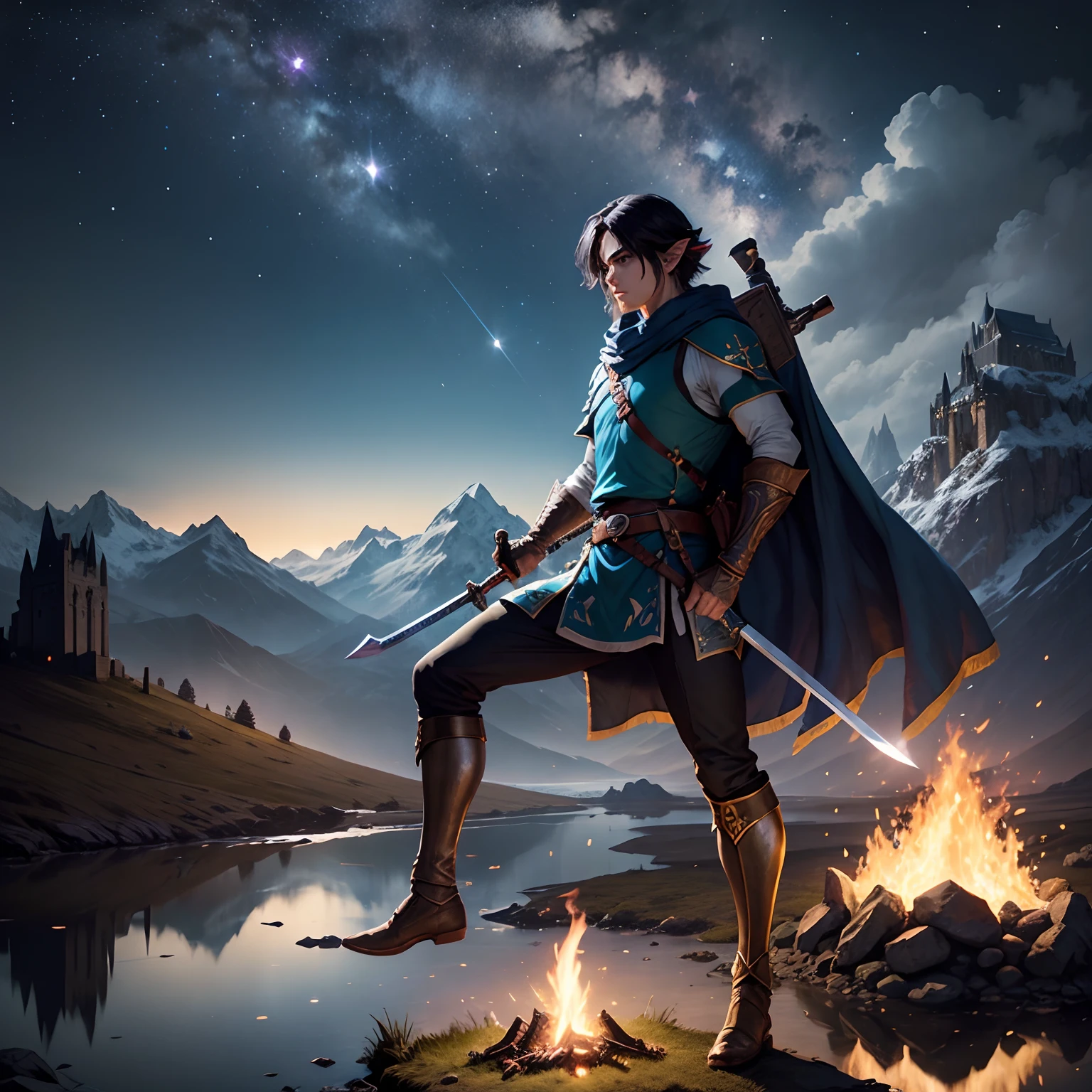Legend of zelda, male hero holding sword, triumphant, dynamic light, mountains, night, stars, moonlight, campfire, reflection lake in background, hyper-realistic, best quality, black hair, medieval, castle on top of mountain in background,