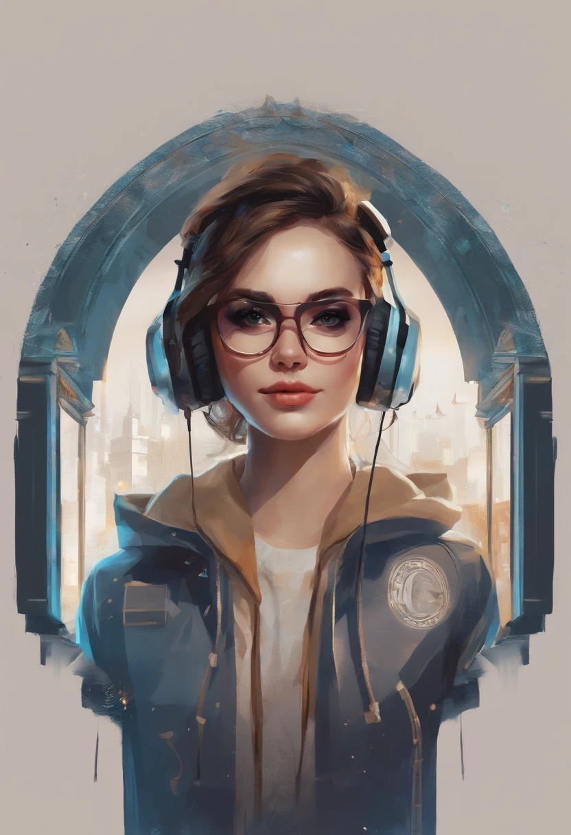 Hyper-realistic face,Hyper-realistic figure,sci fi city,A gentle breeze ruffles short hair,Hyper-realistic pores,beret,Film camera,Vintage headphones,Hyper-realistic style