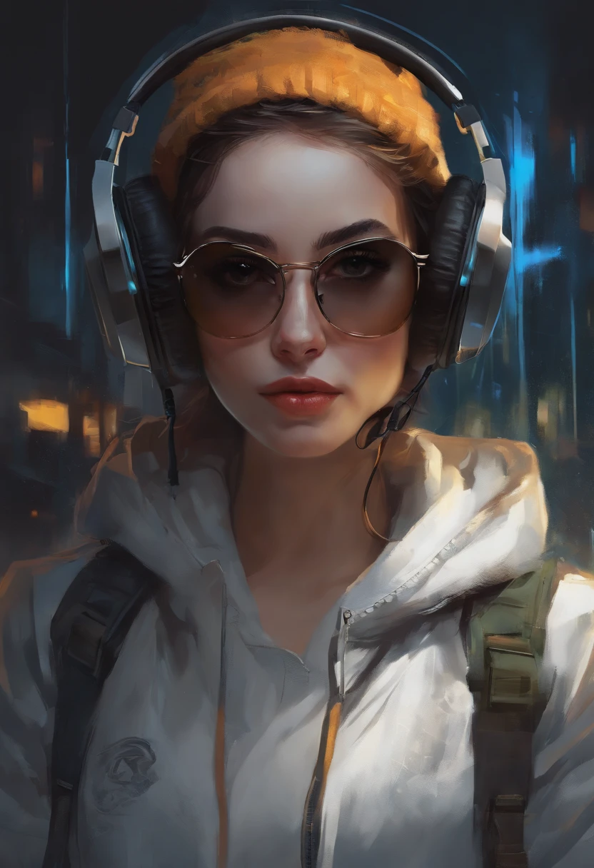 Perfect centering, a cute little cat, Wear a student jacket, Wearing sunglasses, Wearing headphones, Standing position, Abstract beauty, Centered, Looking at the camera, Facing the camera, nearing perfection, Dynamic, Moonlight, Highly detailed, Digital painting, art  stations, concept-art, smooth, Sharp focus, 8K, high definition resolution, illustration, Art by Carne Griffiths and Wadim Kashin, White background