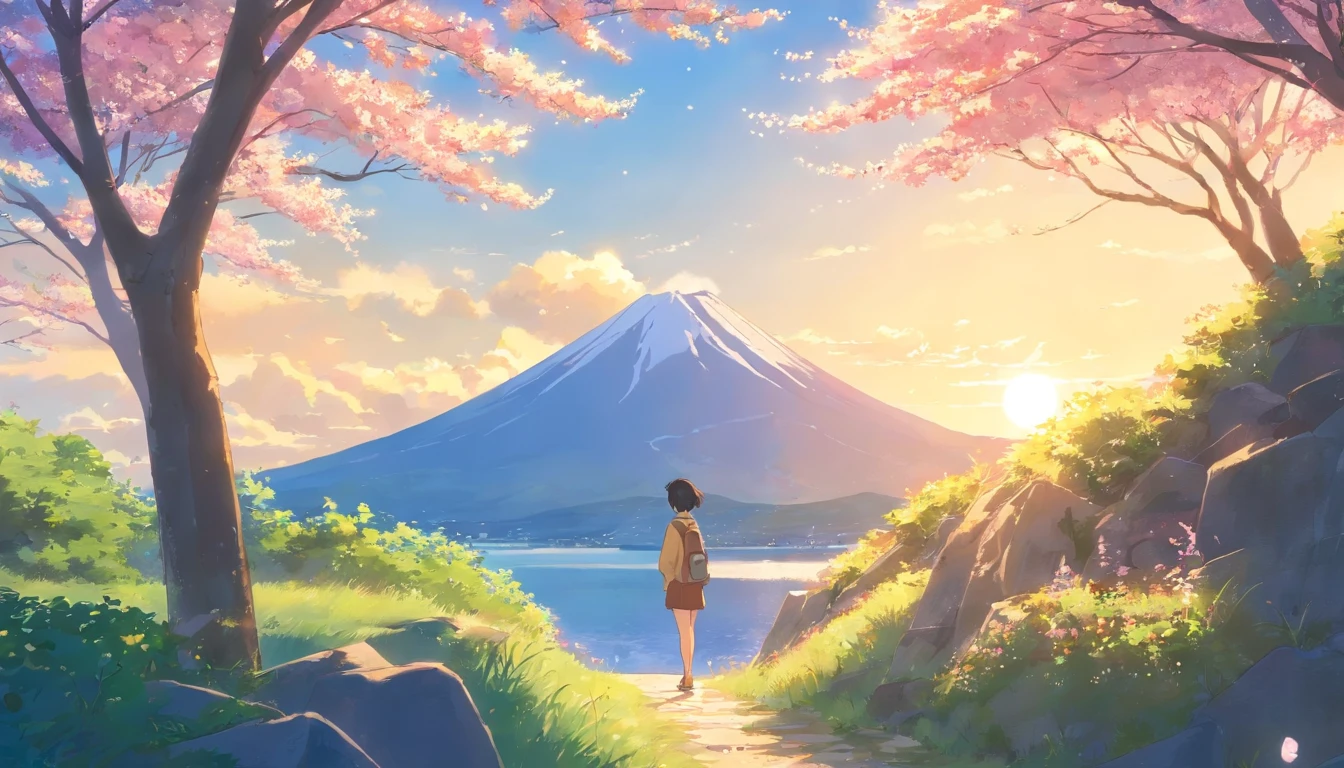 Halfway up the mountain,On the right is the tunnel tent,There is a lake under the mountain,In the distant background is a large mountain,The morning sun hit the tent,There are several cherry blossom trees next to the tent,Faraway view,Beautiful,artistic conception