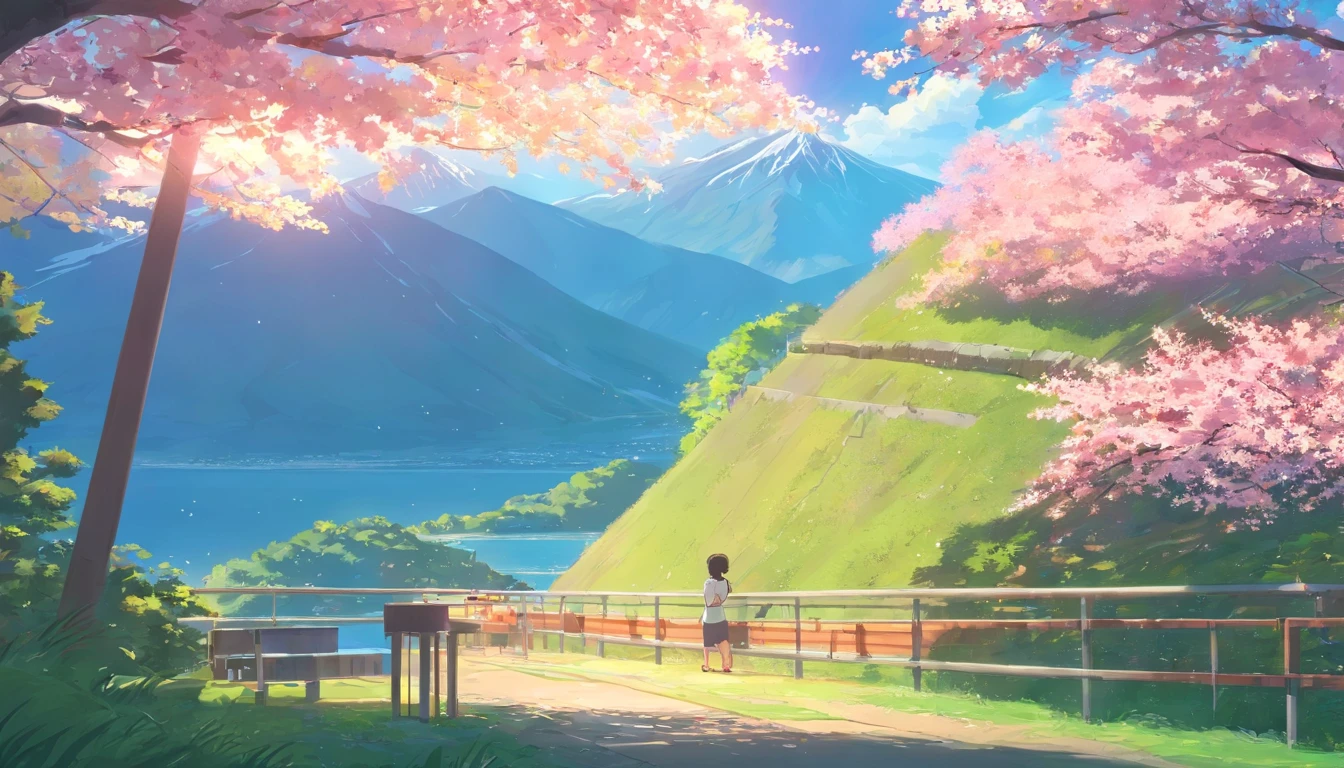 Halfway up the mountain，On the right is the tunnel tent，There is a lake under the mountain，In the distant background is a large mountain，The morning sun hit the tent，There are several cherry blossom trees next to the tent，Faraway view，Beautiful，artistic conception