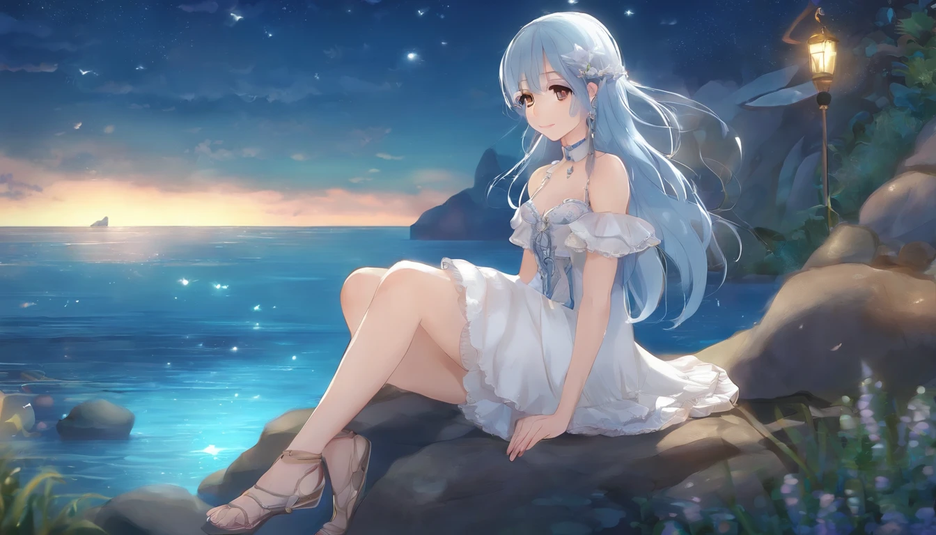 sylphynford, 1girl, ((masterpiece,best quality)),1girl, breasts, swimsuit, solo, looking at viewer, big breasts, barefoot, smile, on stomach, wet, lying, pose, bikini, open mouth, fringe, feet, ass, feet up, blue bikini, sole, outdoors, bare shoulders, bracelet, jewelry, blush, long hair, :d, fingers, thighs, tree,