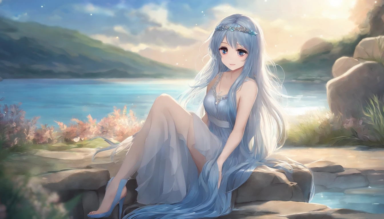 Anime moe style,Cool colors,Under the stars under the sea,Light blue medium long hair,Heteropupil,high qulity,sitting on the stone,crossed legs,Gray-blue dress,Colorful fish surround the neighborhood,White heels