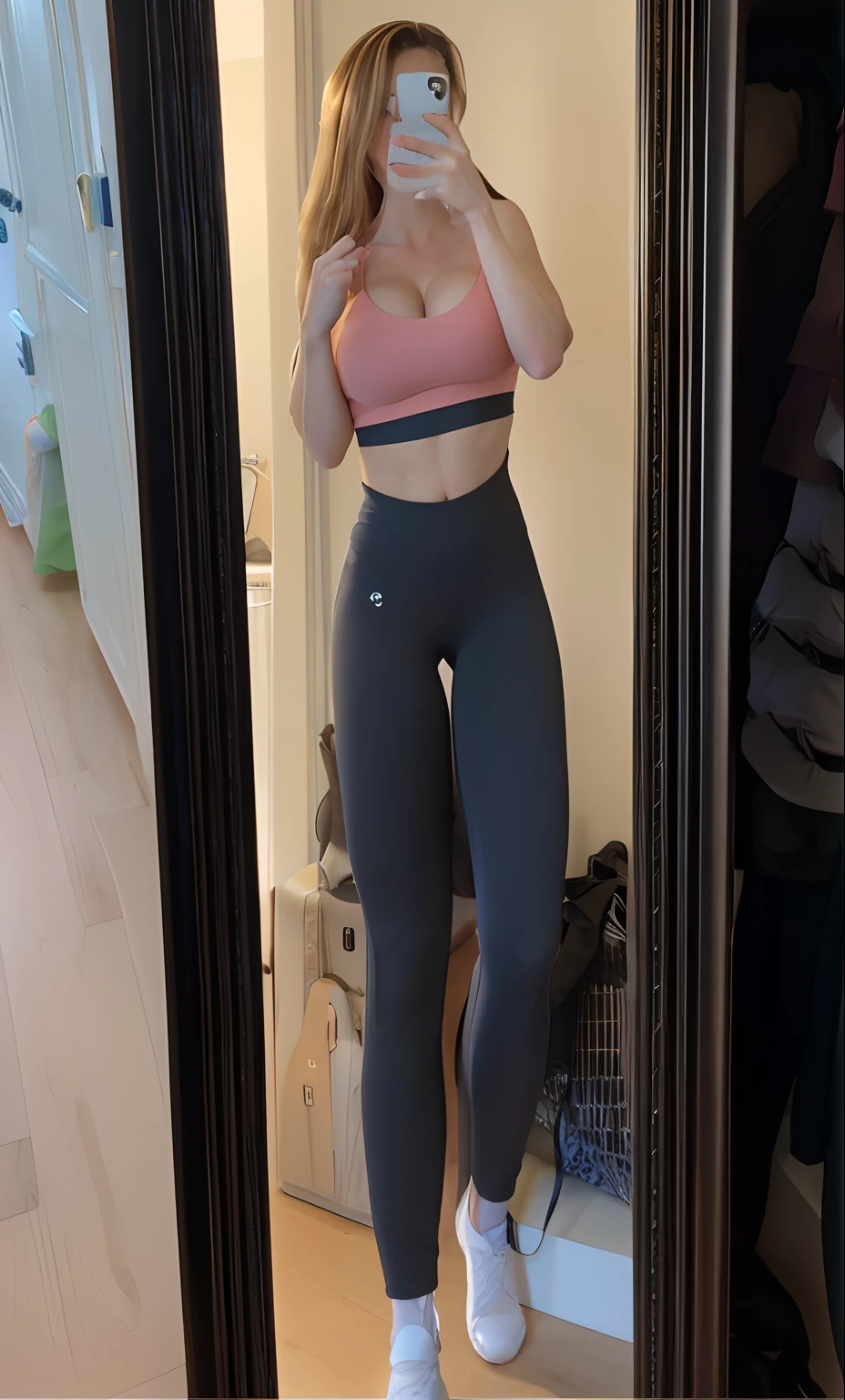 arafed woman taking a selfie in a mirror with a cell phone, fit pic, thicc, two piece workout clothes, cottagecore!! fitness body, tight outfit, tight fit, skinny waist and thick hips, tight attire, exposed thighs!!!, tiny waist, fit curvy physique, better known as amouranth, half body cropping, thicc build, showing her beautiful face