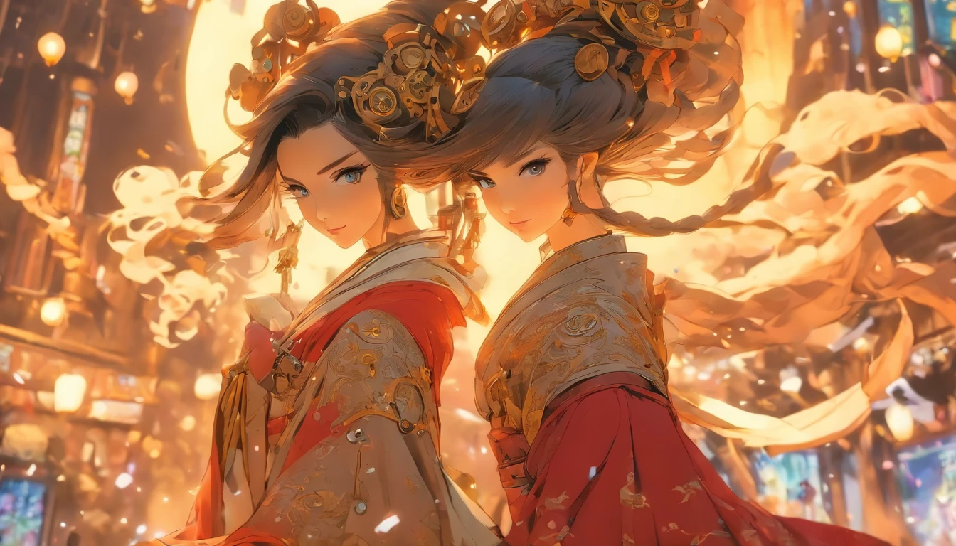 Chinese ink style,Steampunk world,Huge steampunk flyers and hanfu girls,Ink animation art,Ink comic art,water ink,ink,Smudge,8K,Delicately portrayed,Works of masters