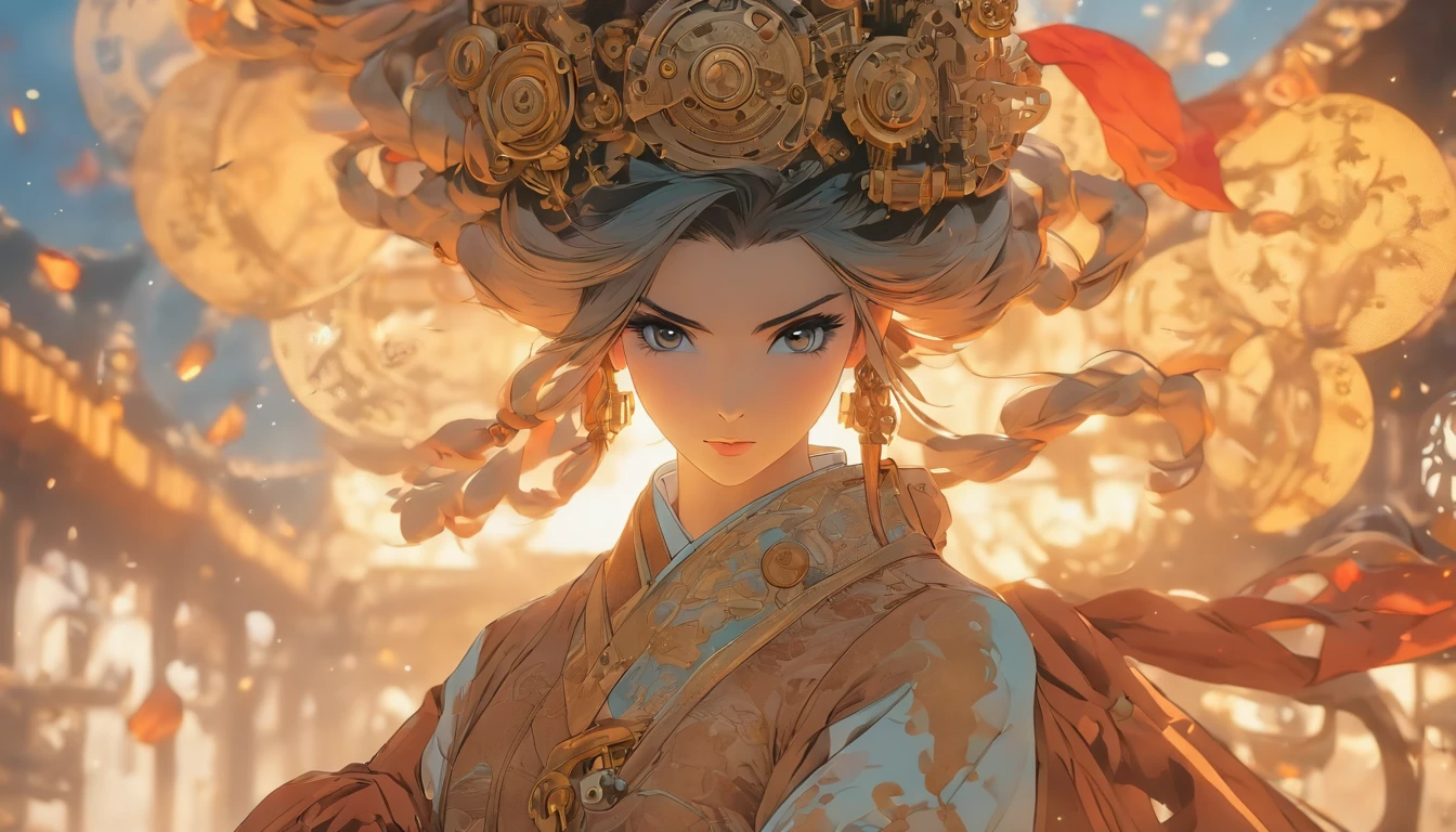 Chinese ink style,Steampunk world,Huge steampunk flyers and hanfu girls,Ink animation art,Ink comic art,water ink,ink,Smudge,8K,Delicately portrayed,Works of masters