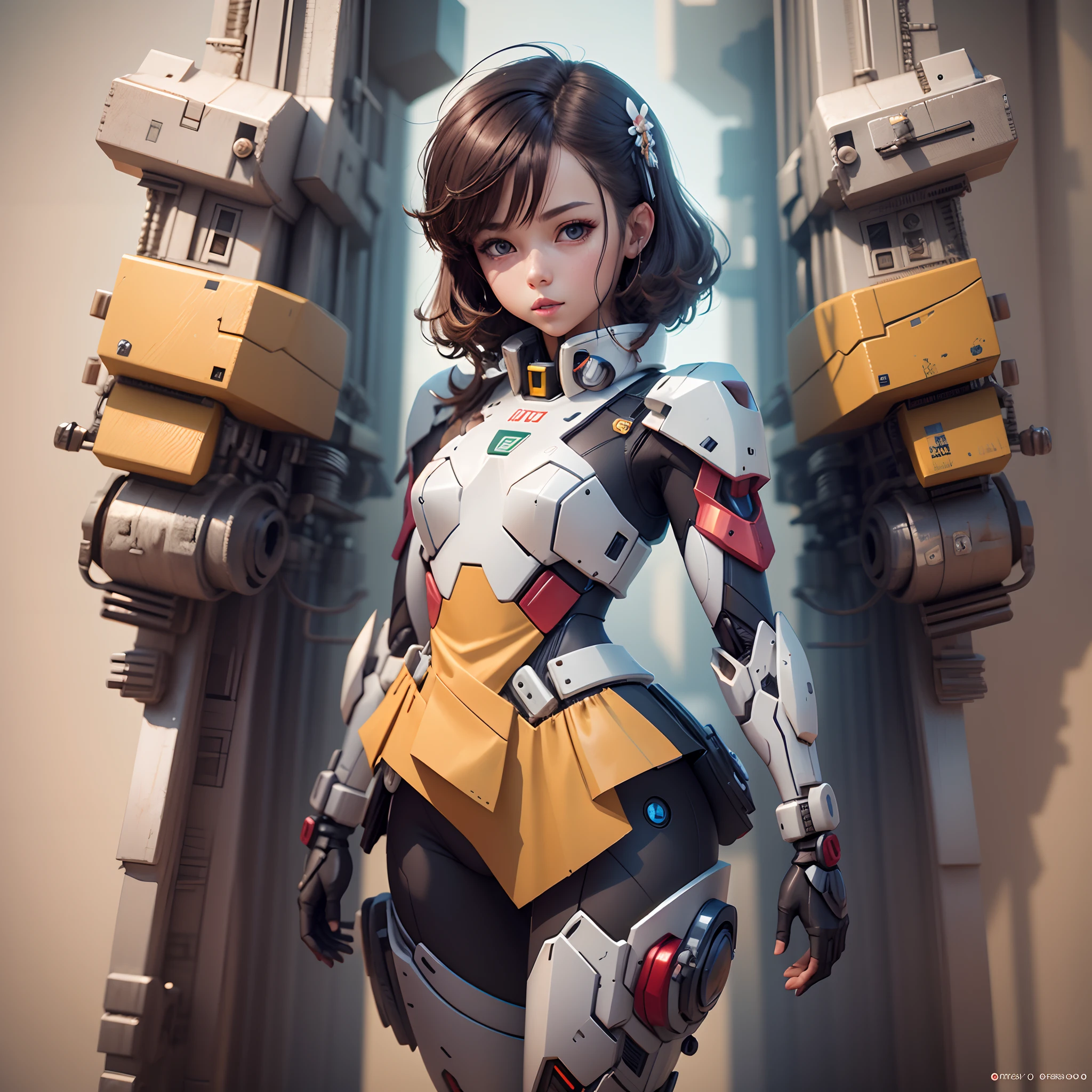 There is a mini Gundam mech, cute, 3d rendering, little robot, portrait female anime, cute 3d anime rendering, cute detailed digital art, mini cute mech, 3d rendering stylized, 3d rendered character art 8k, cute digital painting, anime style 3d, super detailed rendering, weapon in hand, delicate face,