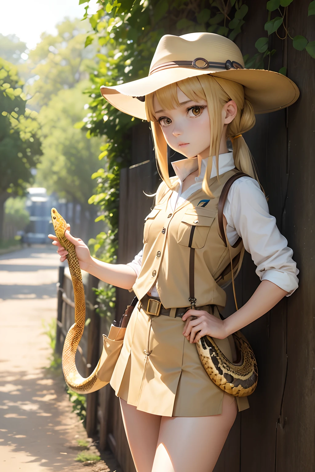 anime character dressed in brown safari vest holding a snake, yellow python, cute, madoka kaname, anime girl in a safari wear, safari outfit, petite, anime girl on a safari brown hat, anya from spy x family hair, anime cover,