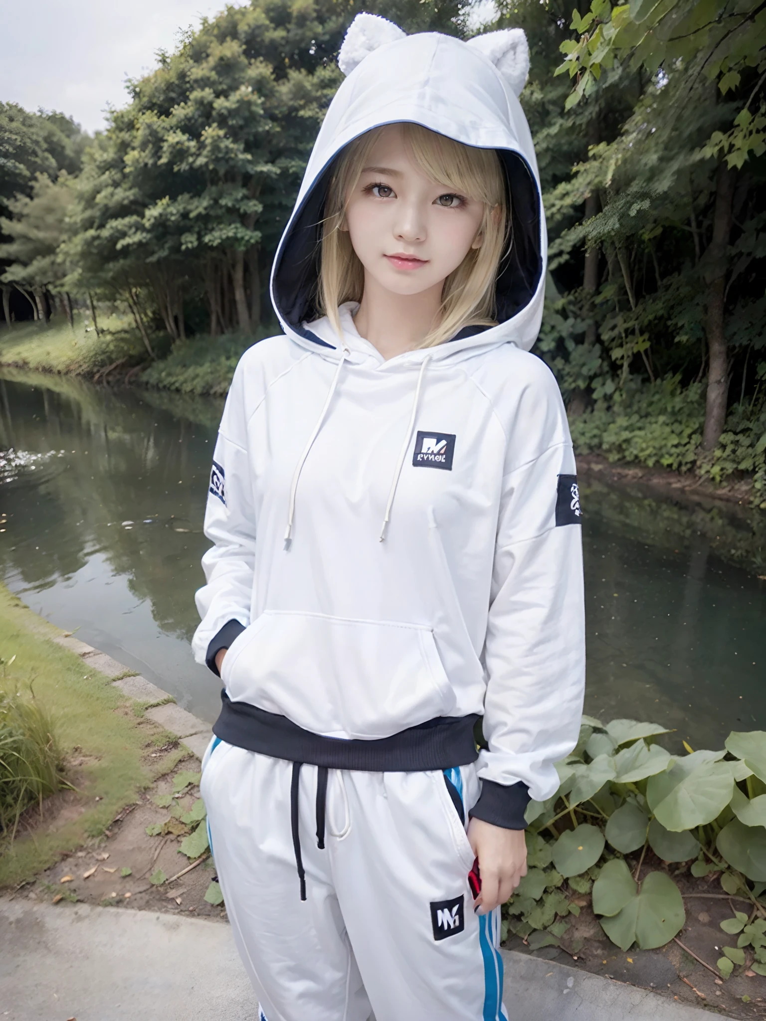 Very beautiful cute face、shiny beautiful skin、White beautiful skin、Beautiful pale light blue eyes, Beautiful very long blonde hair、(Blonde hair:1.3)、Sexy swaying bangs、18 years old cute little face beautiful girl、street wear,street clothes、casual pants、(Hooded streetwear:1.2)、(dynamicposes:1.4)、(natta:1.5)、Float above the pond、foliages、insects、Chii、
