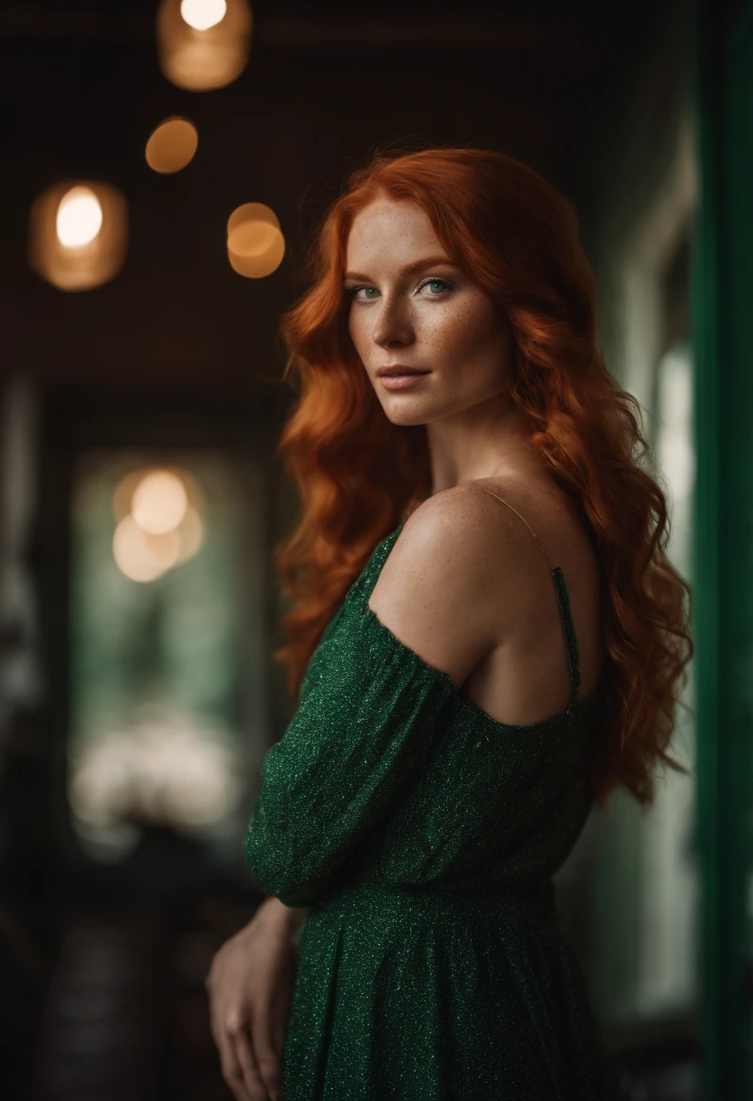 A beautiful red-haired woman in a mysterious setting at night, emanating an enigmatic aura