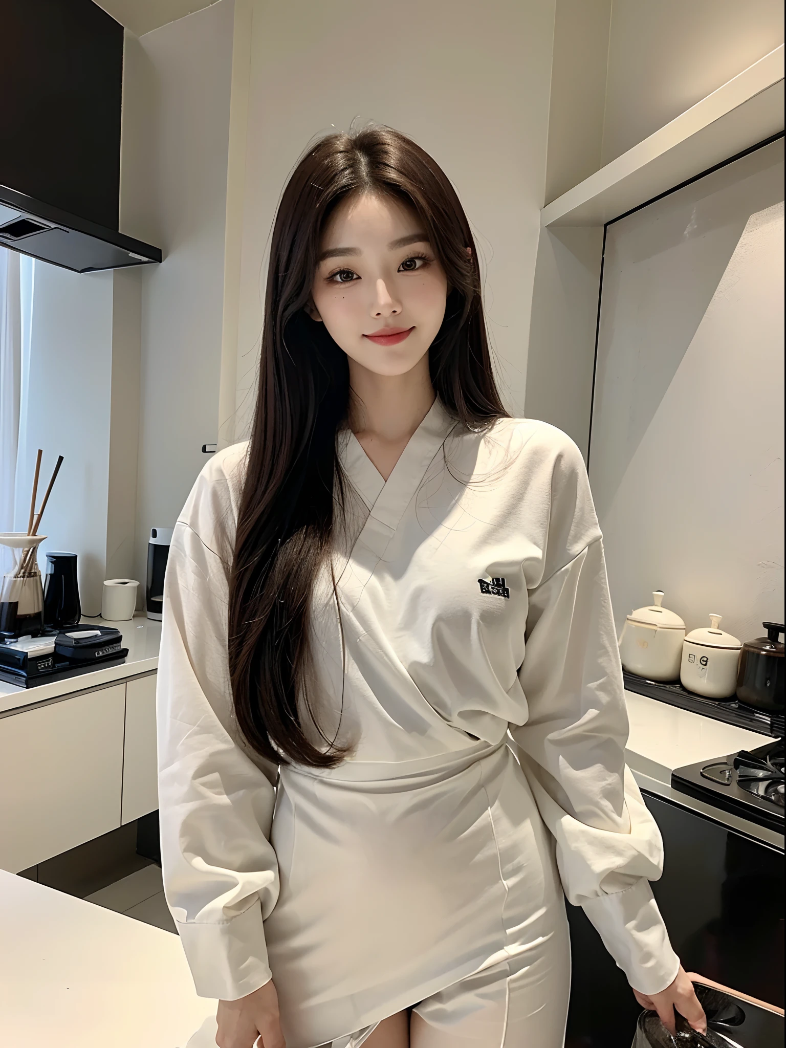 masterpiece、top-quality)、1 beutiful girl、Slim body、((Black and white loungewear:1.1))、(Detailed beautiful eyes)、In the kitchen of a rich man's house、Face similar to Chaewon in Le Selefim、((Boyish Brown Medium Hair))、((Smaller face))、((Neutral face))、((Light brown eyes))、((Korean Girl))、((18year old))、((cool lady))、((A shy smile on his face))、((Korean Makeup))、((elongated and sharp eyes))、((Happy dating))、((boyish))、((She is handing a freshly brewed coffee to a viewer))、((shot from front))