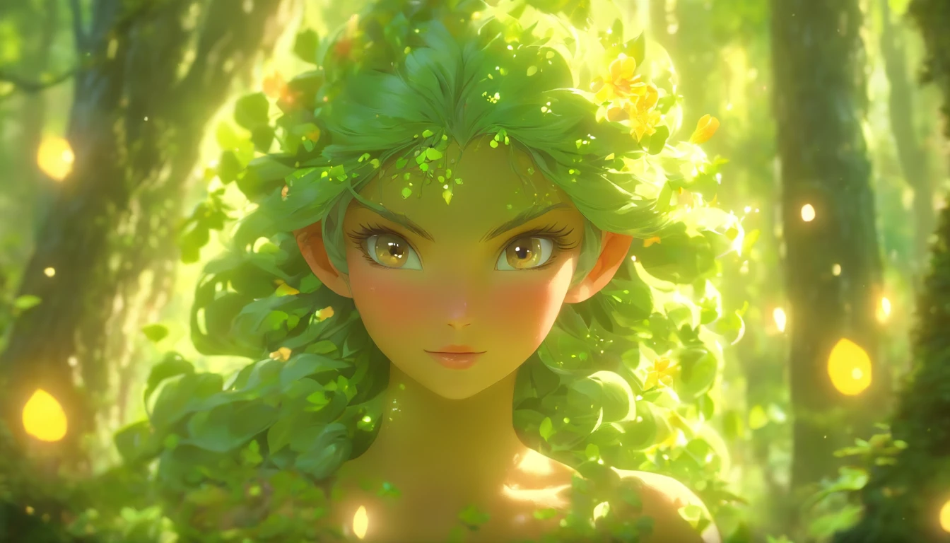 (Best quality,4K,8K,A high resolution,Masterpiece:1.2),Ultra-detailed,(Realistic,Photorealistic,photo-realistic:1.37),forest,Charming female dryad creature,Enchanting ethereal landscape,the lush vegetation,Majestic ancient trees,Magical sunlight shines through the branches,Soft glowing moss that covers the ground,Faintly transparent wings,Delicate flowers bloomed around her,The charming eyes radiate a soft glow,Serene expression,posing elegantly,Artistic interpretation,Subtle color palette,Enigmatic Atmosphere,Playful and whimsical elements,mesmerizing presence,The dryad blends in harmony with its surroundings,Immersive fantasy feeling,Natural, realistic lighting