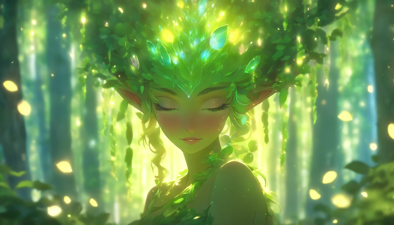 (Best quality,4K,8K,A high resolution,Masterpiece:1.2),Ultra-detailed,(Realistic,Photorealistic,photo-realistic:1.37),forest,Charming female dryad creature,Enchanting ethereal landscape,the lush vegetation,Majestic ancient trees,Magical sunlight shines through the branches,Soft glowing moss that covers the ground,Faintly transparent wings,Delicate flowers bloomed around her,The charming eyes radiate a soft glow,Serene expression,posing elegantly,Artistic interpretation,Subtle color palette,Enigmatic Atmosphere,Playful and whimsical elements,mesmerizing presence,The dryad blends in harmony with its surroundings,Immersive fantasy feeling,Natural, realistic lighting