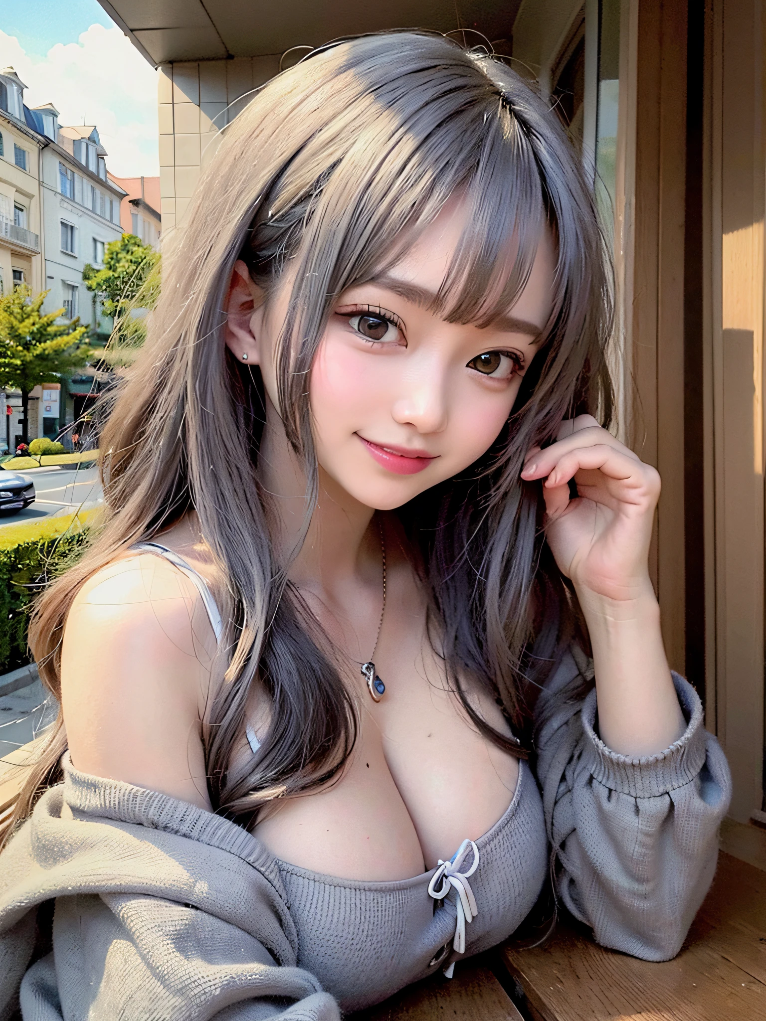 (surrealistic), (illustratio), (hight resolution), (8k picture), (ighly detailed), (The best illustrations), (beatiful detailed eyes), (top-quality), (ultra-detailliert), (masterpiece), (wall-paper), (详细的脸), 独奏, 1girl in, Gray wavy hair、Off-the-shoulder clothing、huge smile、Blushing cheeks、bangss、Colossal tits、Constriction of the lower back、skinny thigh、small ass、Beautiful bangs、Look at your audience、a necklace、耳Nipple Ring、Watching from above、main street、Sit up、