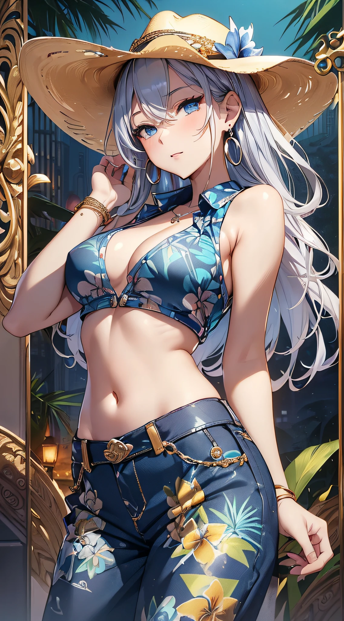 top-quality、Top image quality、​masterpiece、girl with((18year old、 Beautiful Aloha Shirts、White navel tank top、Black vest、Blue long trousers、Best Bust、Bust 85、a blond、Semi-long、Cowboy Hat、Blue eyes、open chest wide、Valley、Happiness、A slender、Shy face、Gold Earrings、Silver keychain at waist........、Seduction poses、Reach out、bending forward)）hiquality、Beautiful Art、Background with((Beautiful night city in Hawaii))、masutepiece、Elaborate design、visualart