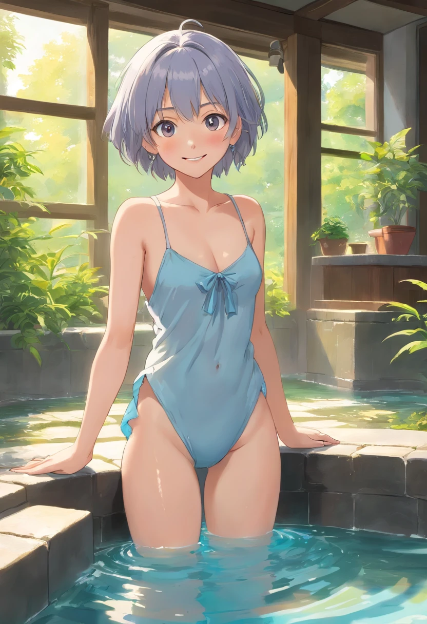 Female Student,nffsw,Standing in a large open-air bath silber hair 朧月 Bewitching barechested ssmile,style of anime,Highlight,full of details,Get wet
