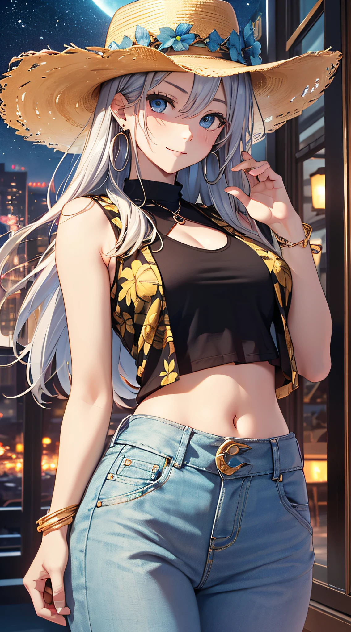 top-quality、Top image quality、​masterpiece、girl with((18year old、 Beautiful Aloha Shirts、Black bra、Blue long trousers、Best Bust、Bust 85、a blond、Semi-long、Blue eyes、open chest wide、Valley、Happiness、A slender、Shy face、Gold Earrings、Silver Watches、Raise your right arm)）hiquality、Beautiful Art、Background with((In front of a fashionable cinema))、masutepiece、Elaborate design、visualart