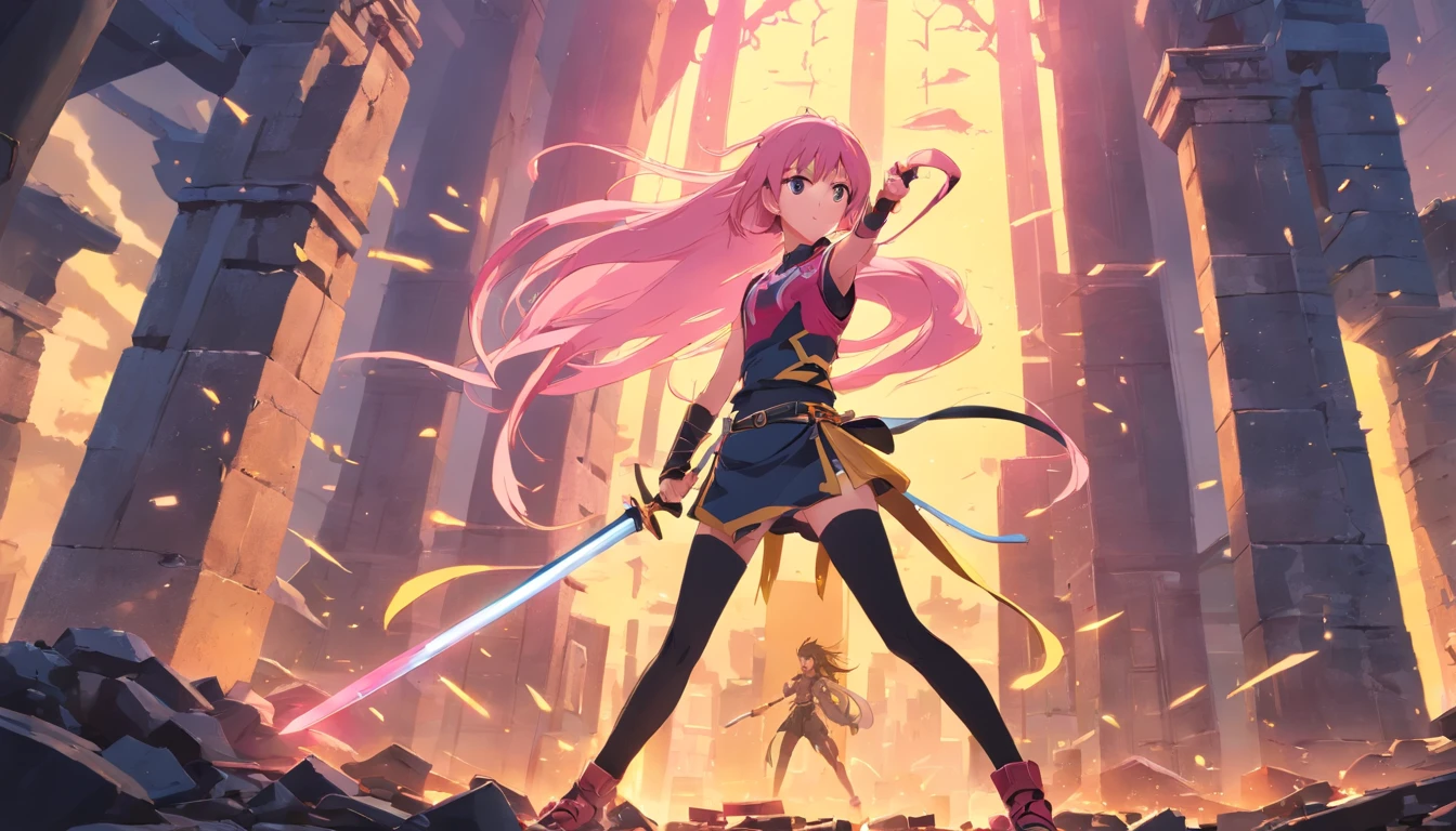 1 Girl's slim little long pink long hair, Black and yellow armor wears a two-handed sword, Fight monsters in the ruins, hyper HD, Masterpiece, Anatomically correct, High quality, High details, A high resolution, Best quality, 8K